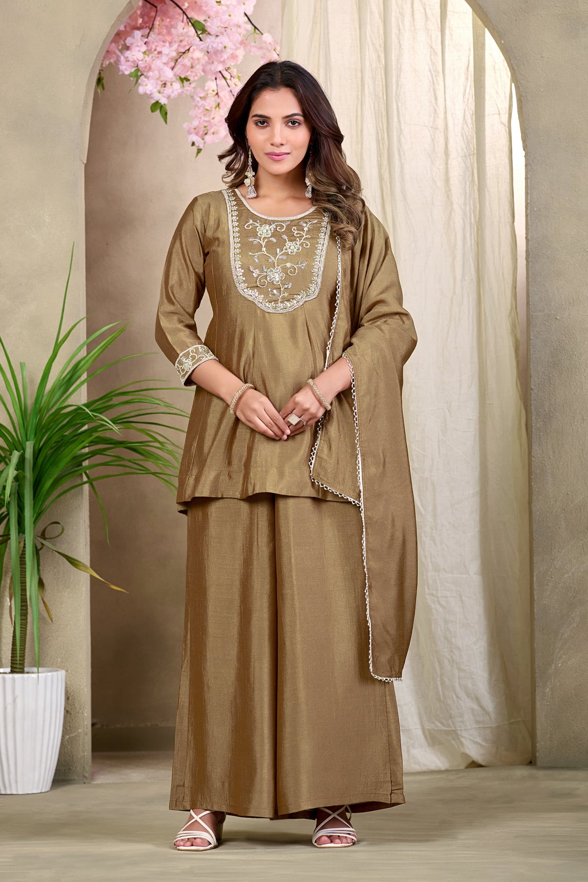 Elegant Embroidered Kurta Palazzo Set with Dupatta