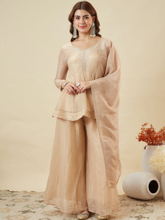 Crunchy Fabric Embroidered Kurta Palazzo Set with Dupatta