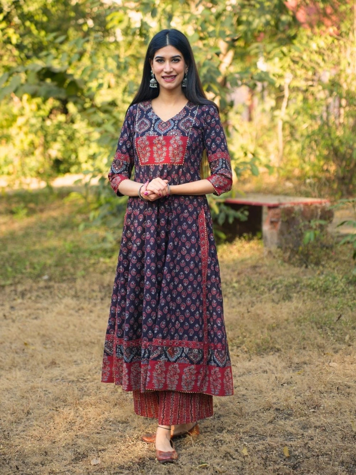 Noori Ajrakh Black Cotton Flared Kurta Pant Set