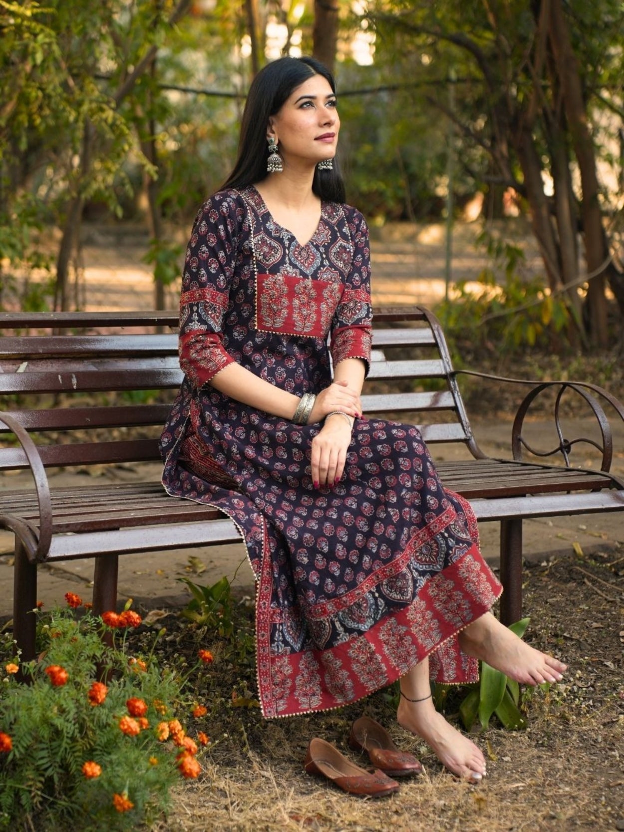 Noori Ajrakh Black Cotton Flared Kurta Pant Set
