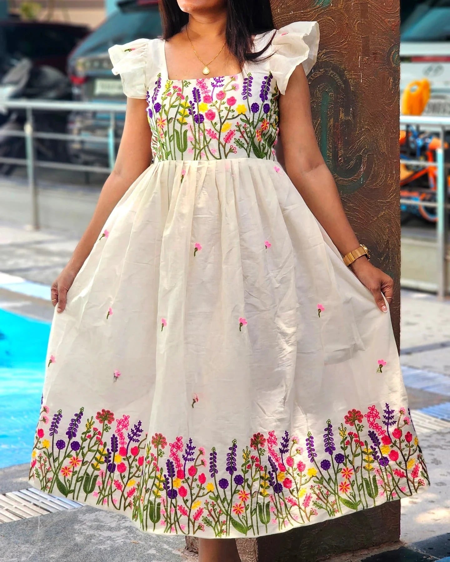 Floral Embroidered Puff Sleeve Empire Frock