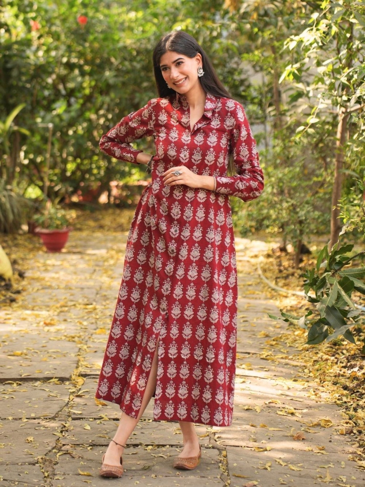 Rihanaa Maroon Cotton Block Printed Button-Down Dress