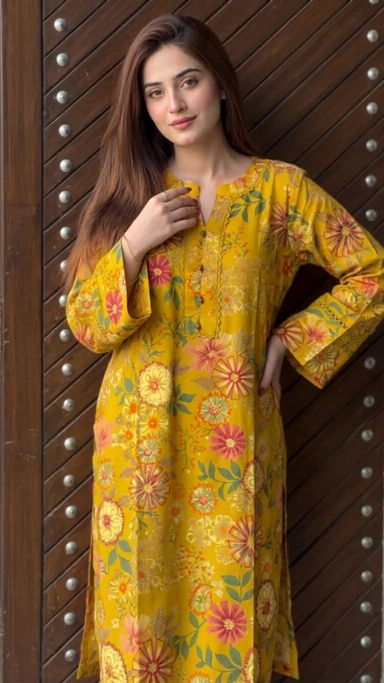 Zuri Cotton Silk Summer Floral Long Yellow Kurta