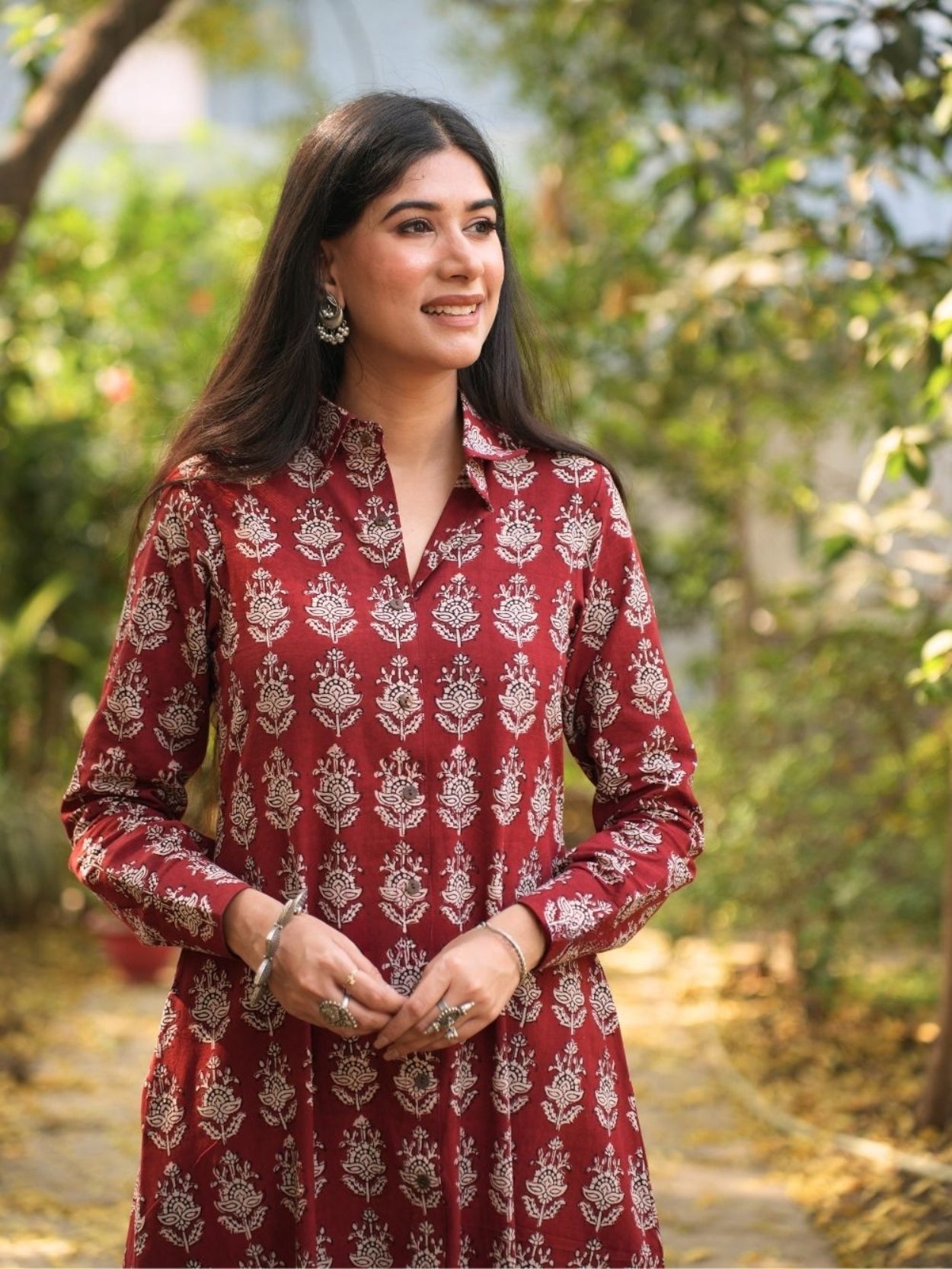 Rihanaa Maroon Cotton Block Printed Button-Down Dress