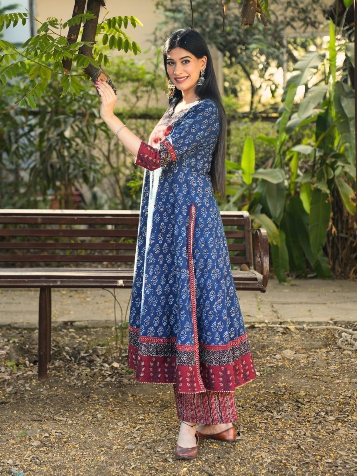 Noori Ajrakh Blue Cotton Flared Kurta Pant Set