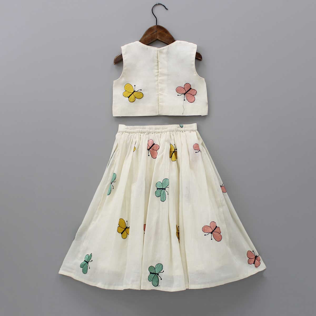 Vibrant Offwhite Butterfly Work Cura Cotton Lehengha With Top