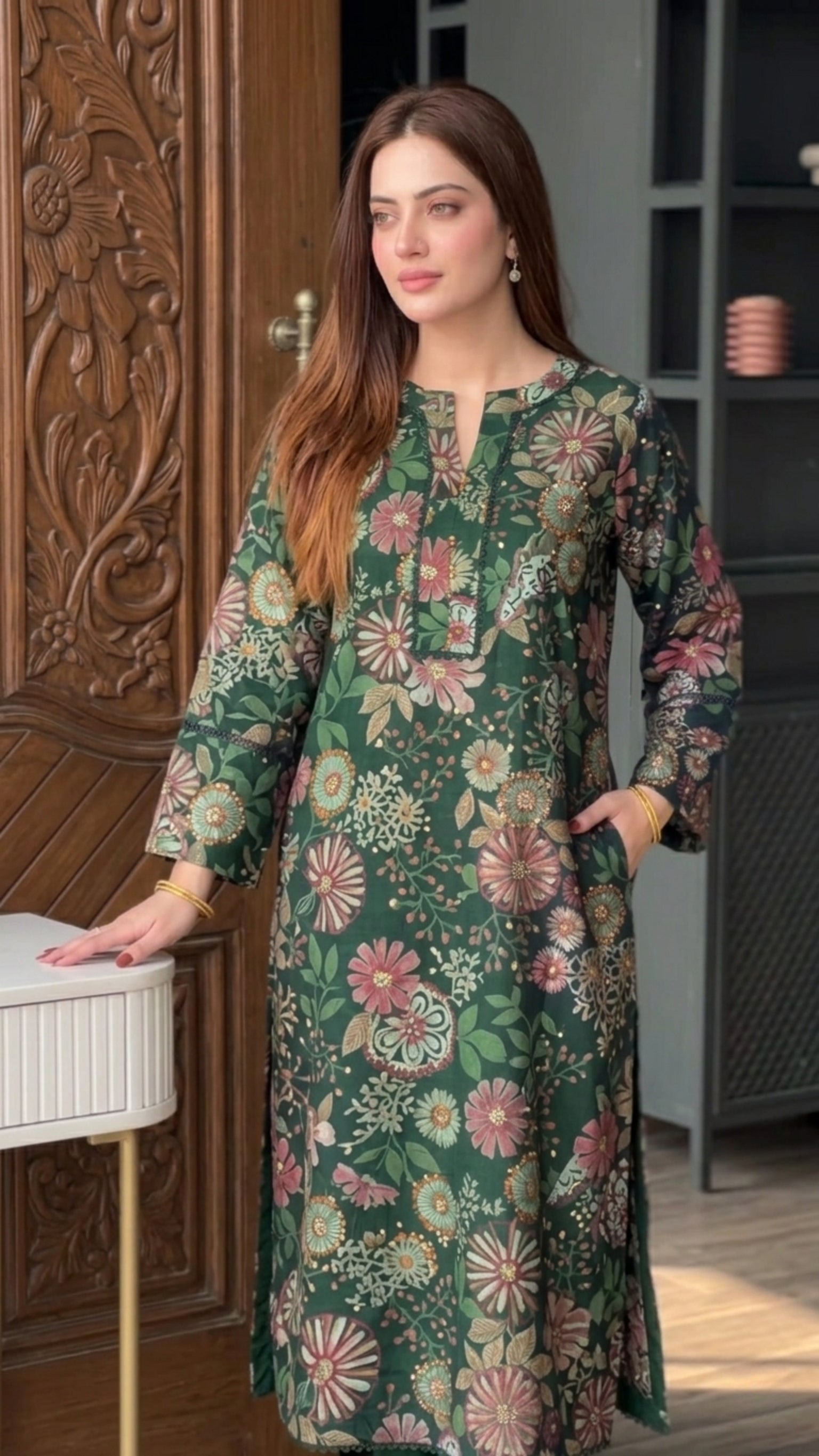 Zuri Cotton Silk Summer Floral Long Green Kurta