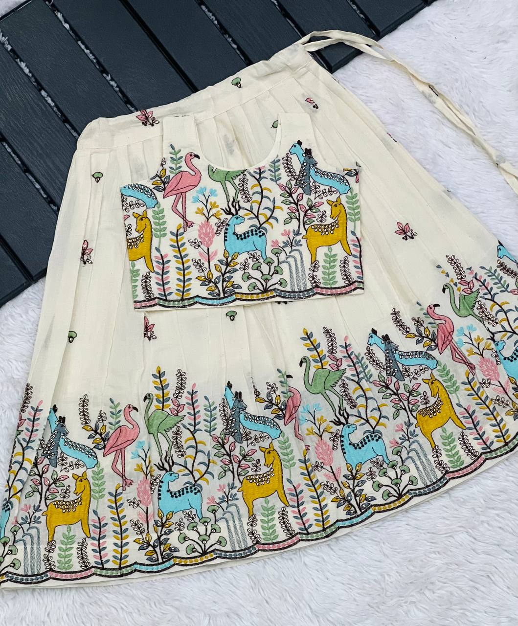 Trending Pure Cotton Jungle Embroidered Kids Lehenga and Top
