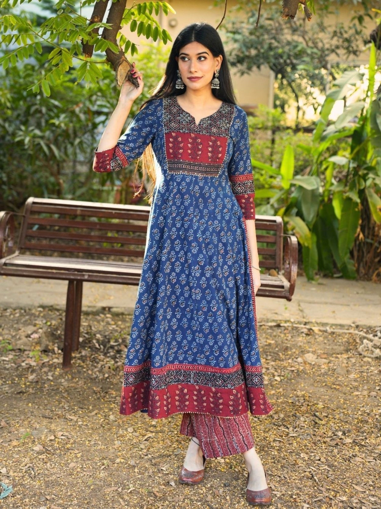 Noori Ajrakh Blue Cotton Flared Kurta Pant Set