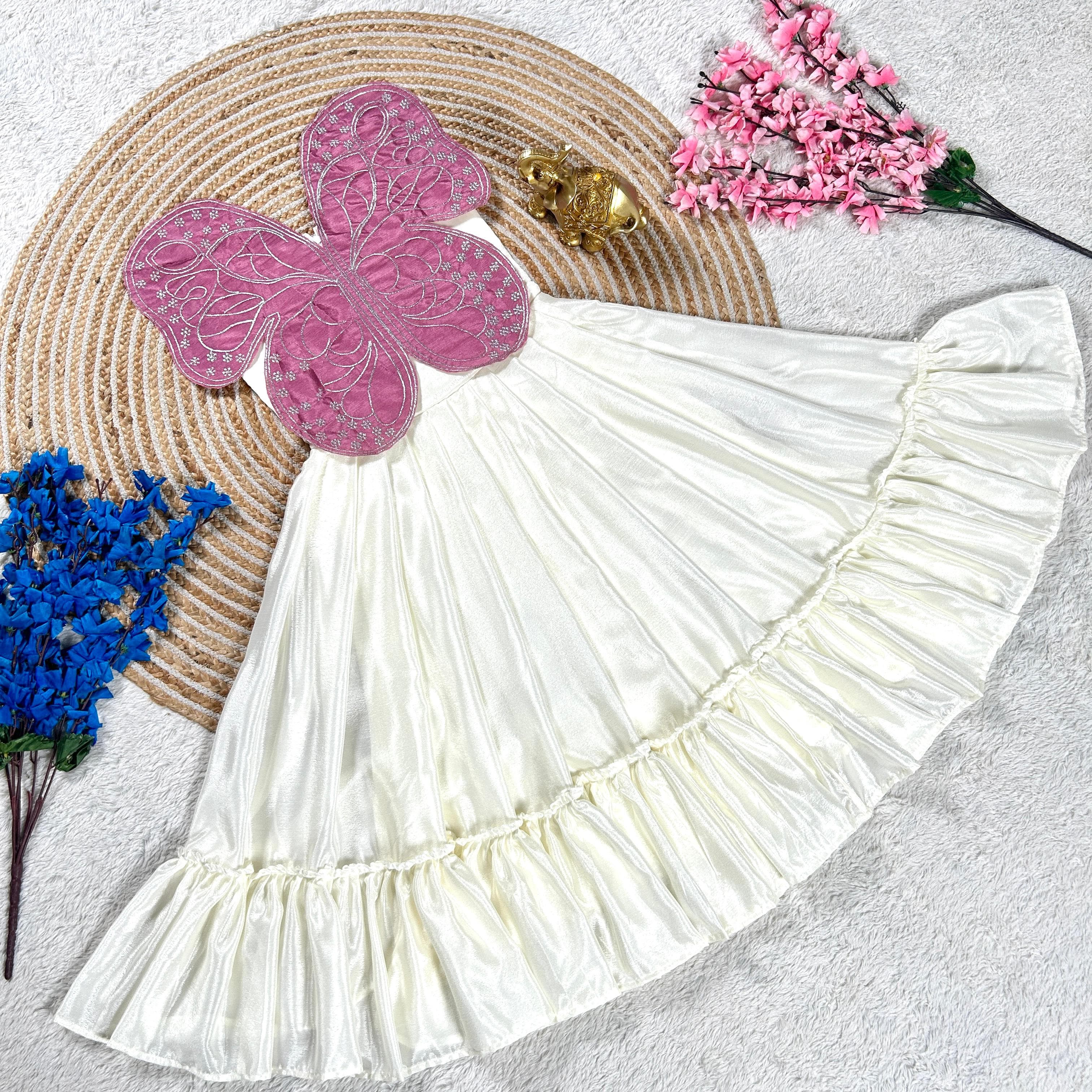 Vibrant Butterfly Embroidery Work Silk Kids Gown in 8 Beautiful colors