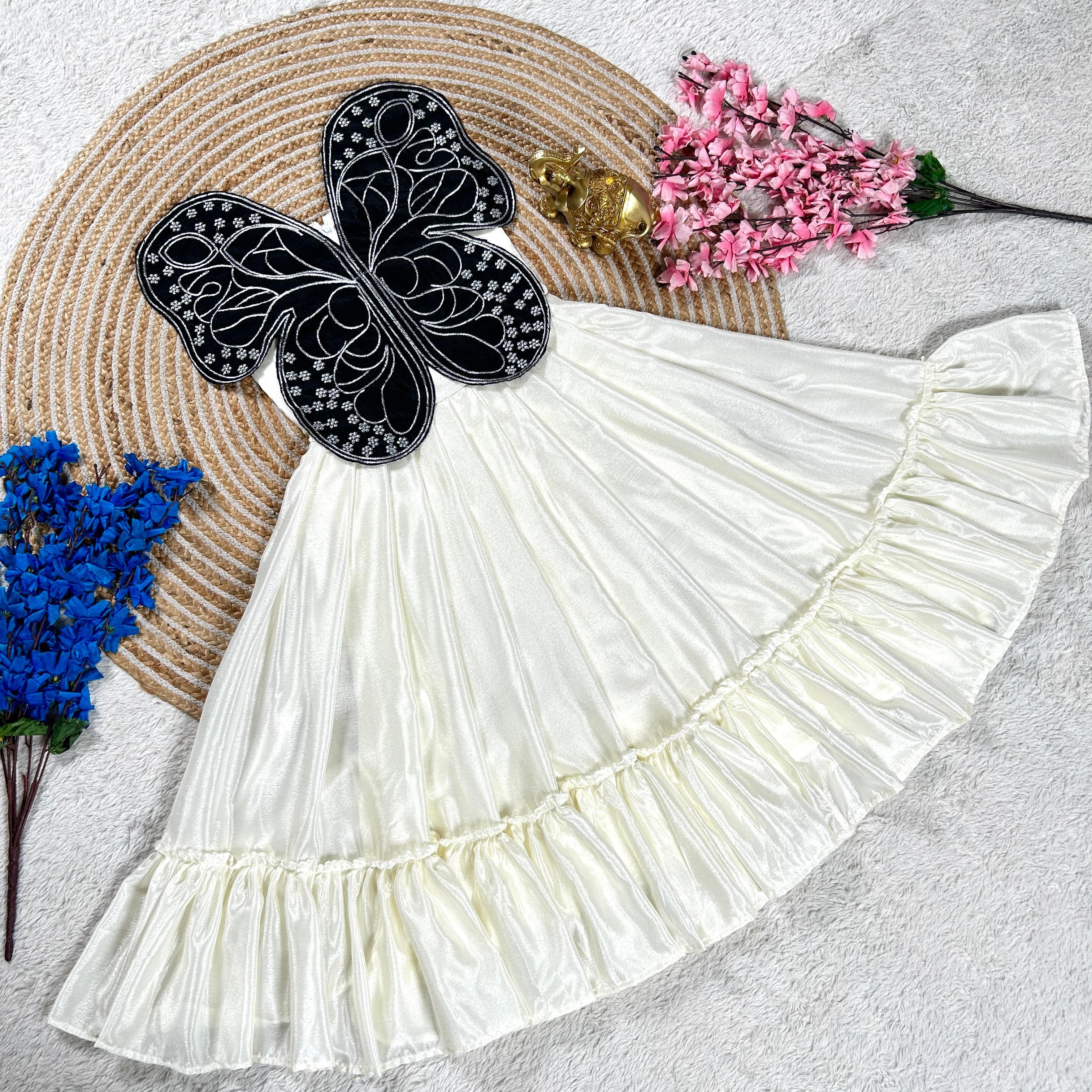 Vibrant Butterfly Embroidery Work Silk Kids Gown in 8 Beautiful colors