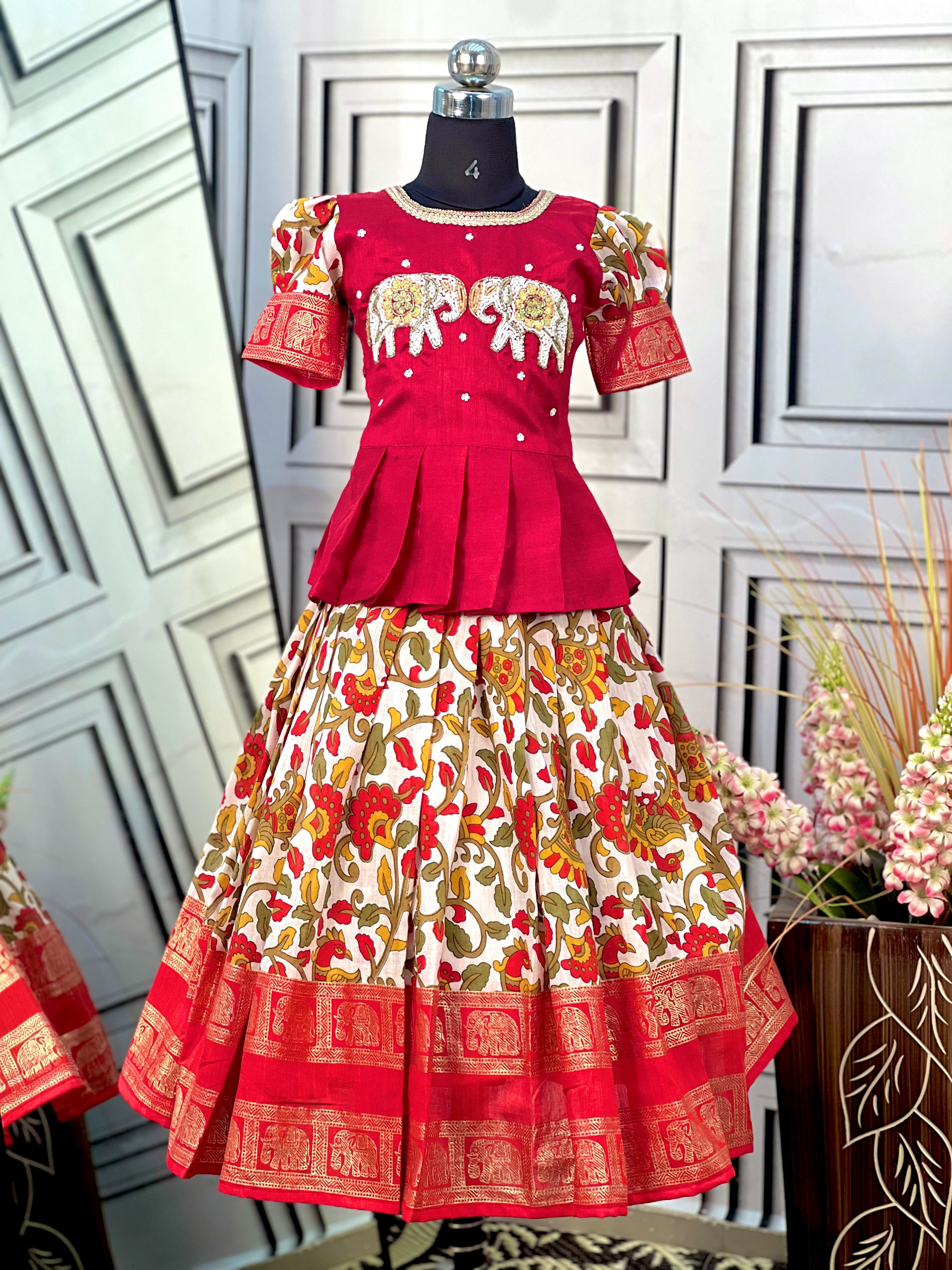 Elephant Hand Work Cotton Kalamkari Lehnga Blouse For Kids