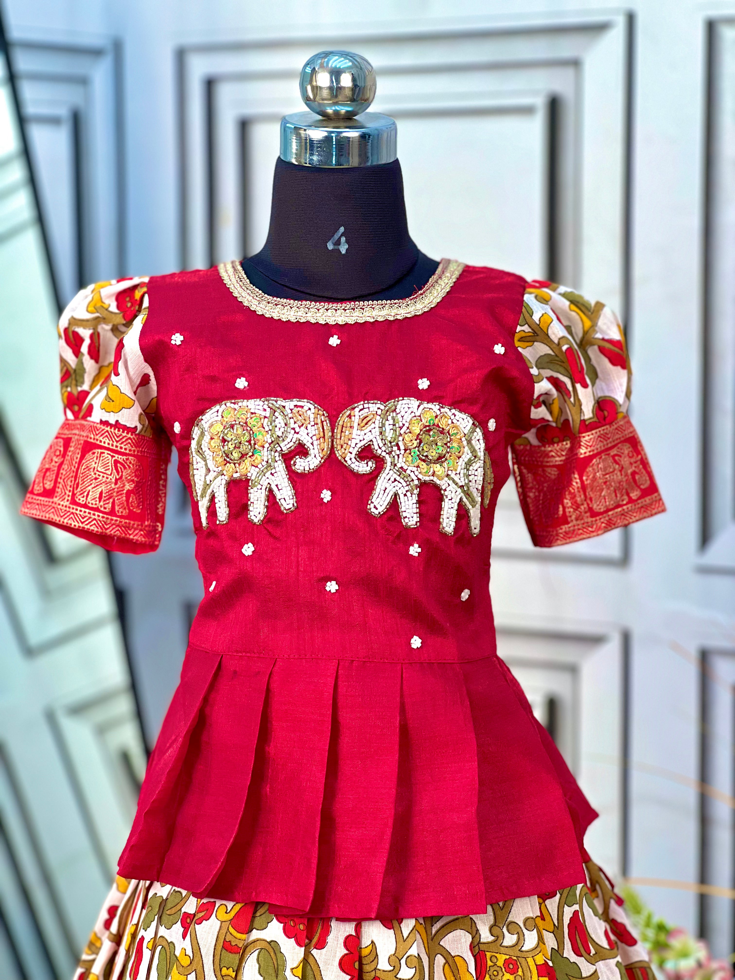 Elephant Hand Work Cotton Kalamkari Lehnga Blouse For Kids