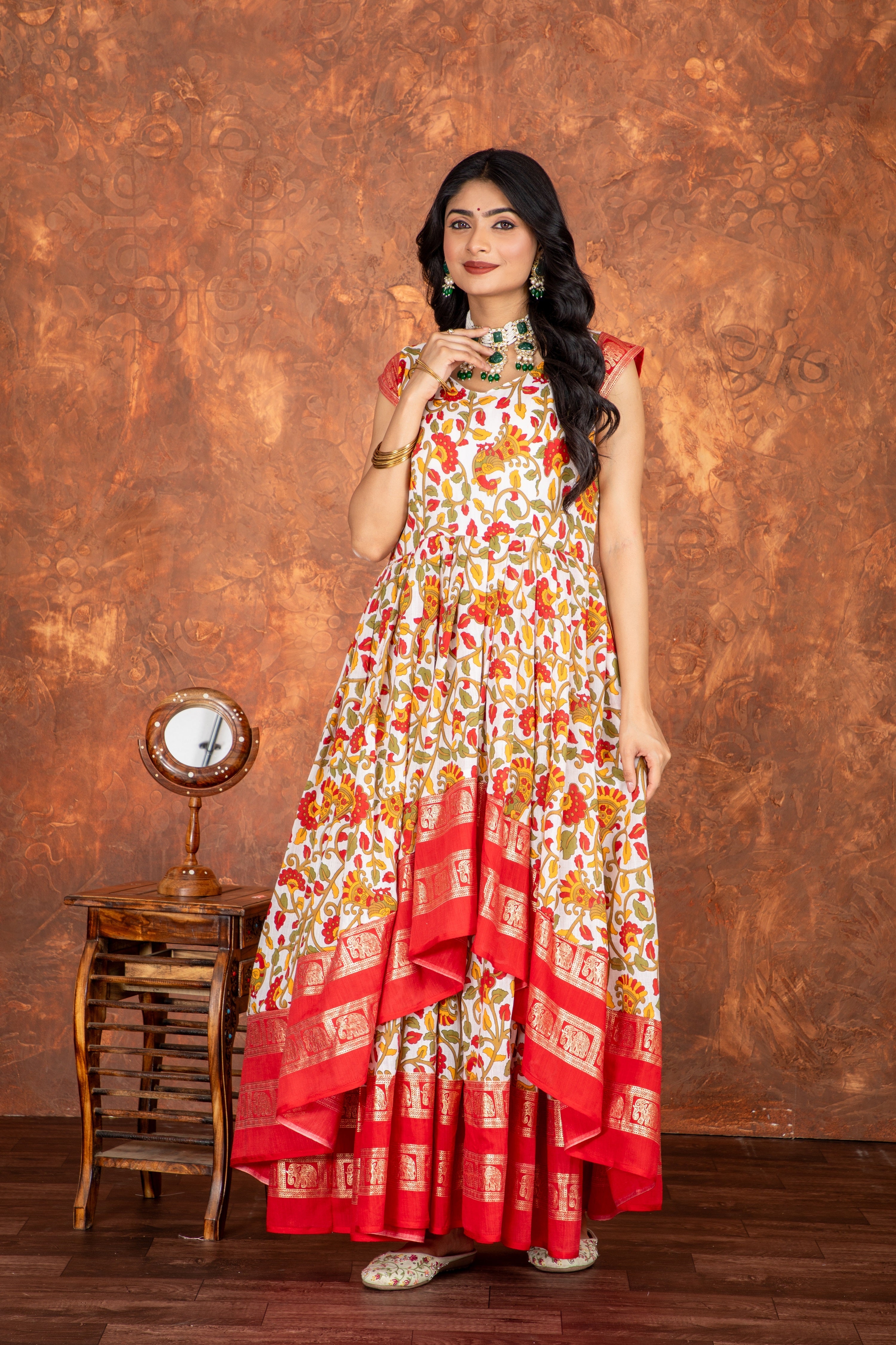 Glitzy Pure Cotton Kalamkari Printed Double Flair Anarkali Gown