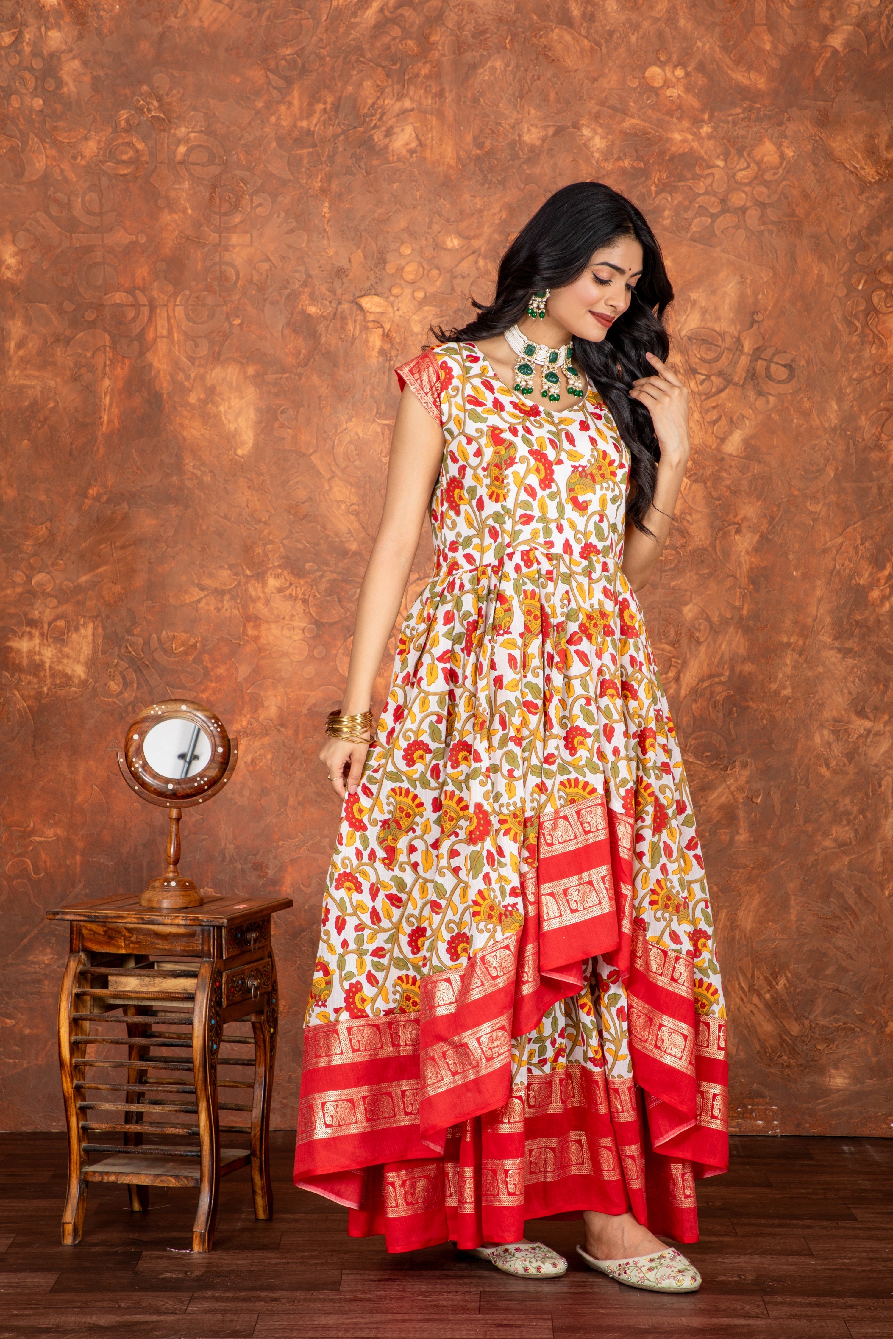 Glitzy Pure Cotton Kalamkari Printed Double Flair Anarkali Gown