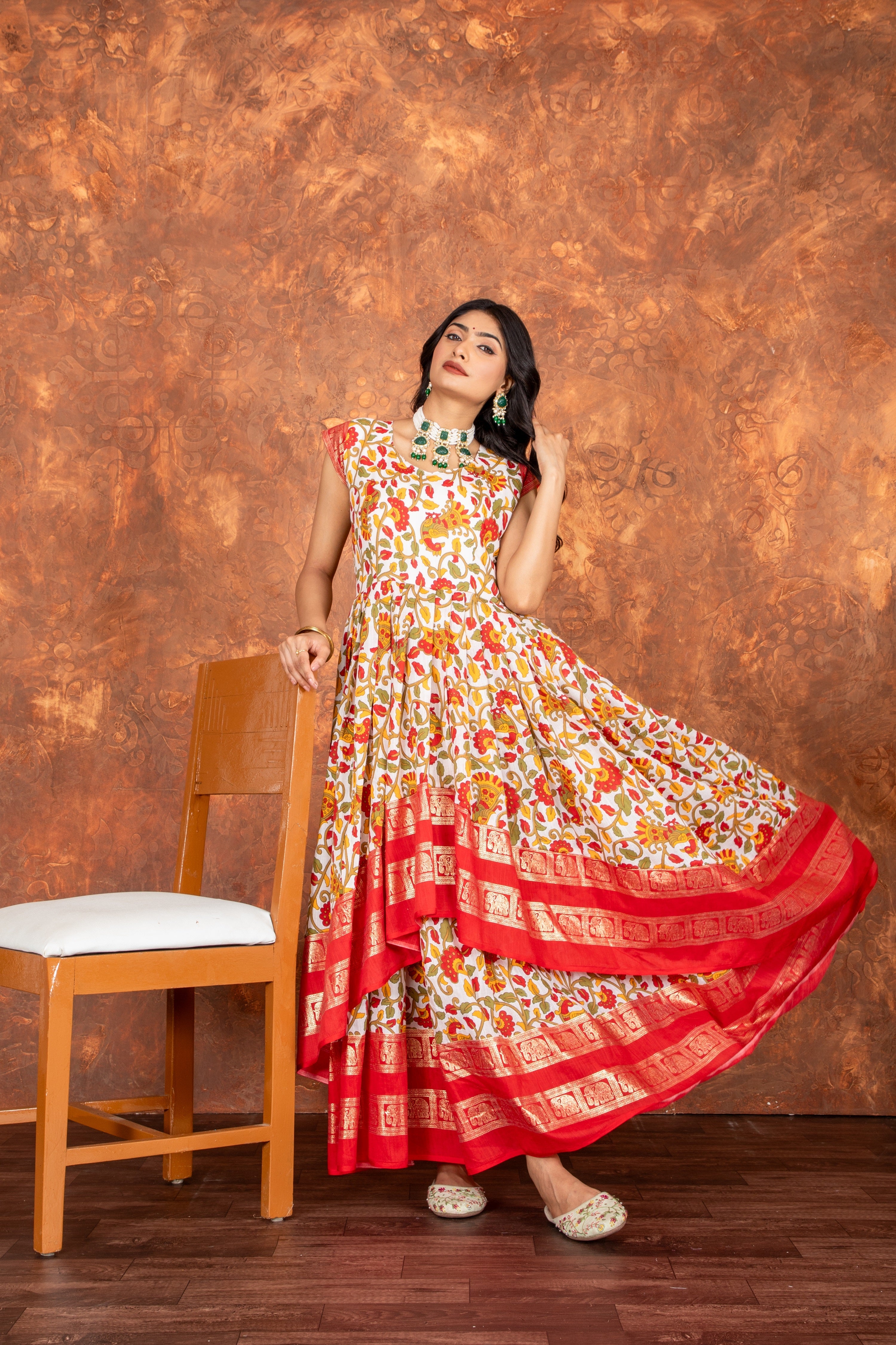 Glitzy Pure Cotton Kalamkari Printed Double Flair Anarkali Gown