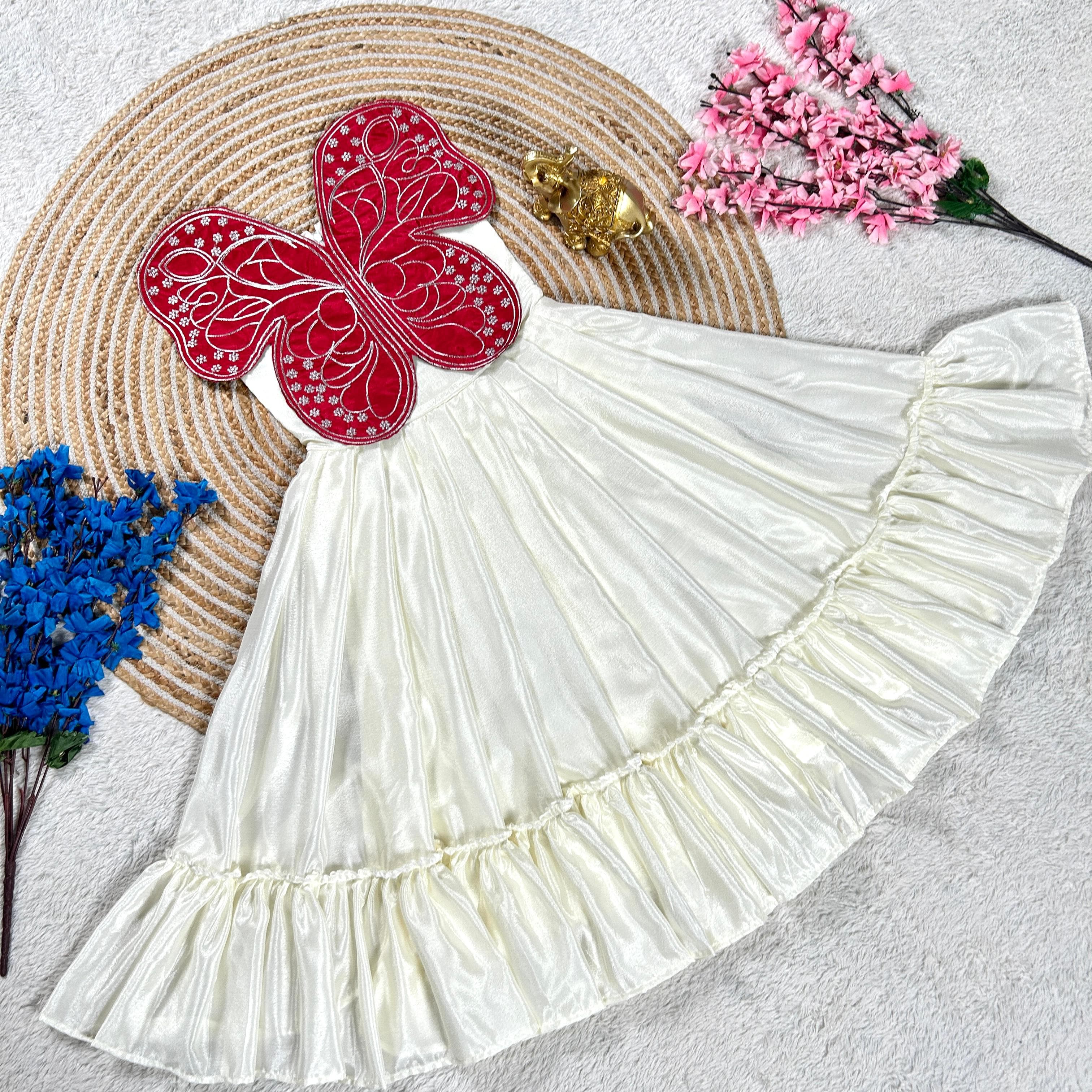 Vibrant Butterfly Embroidery Work Silk Kids Gown in 8 Beautiful colors