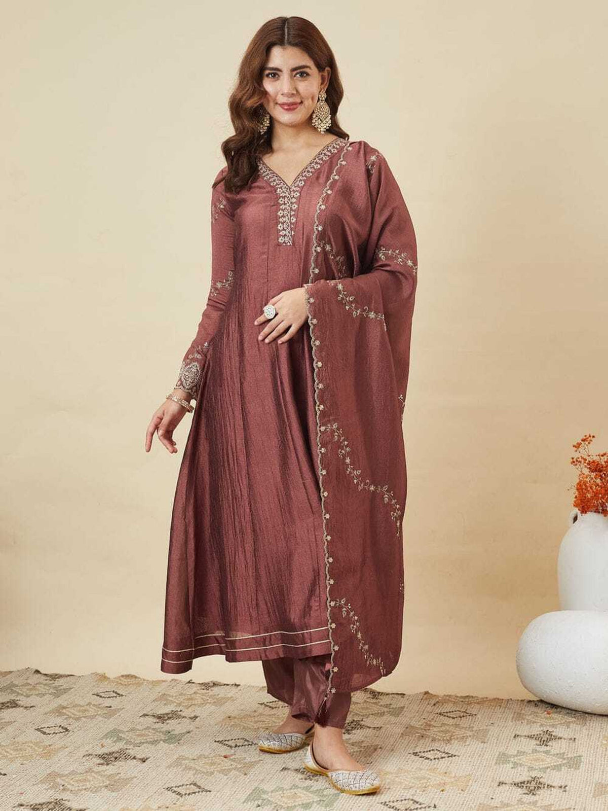 Vichitra Silk Embroidered 3-Piece Suit