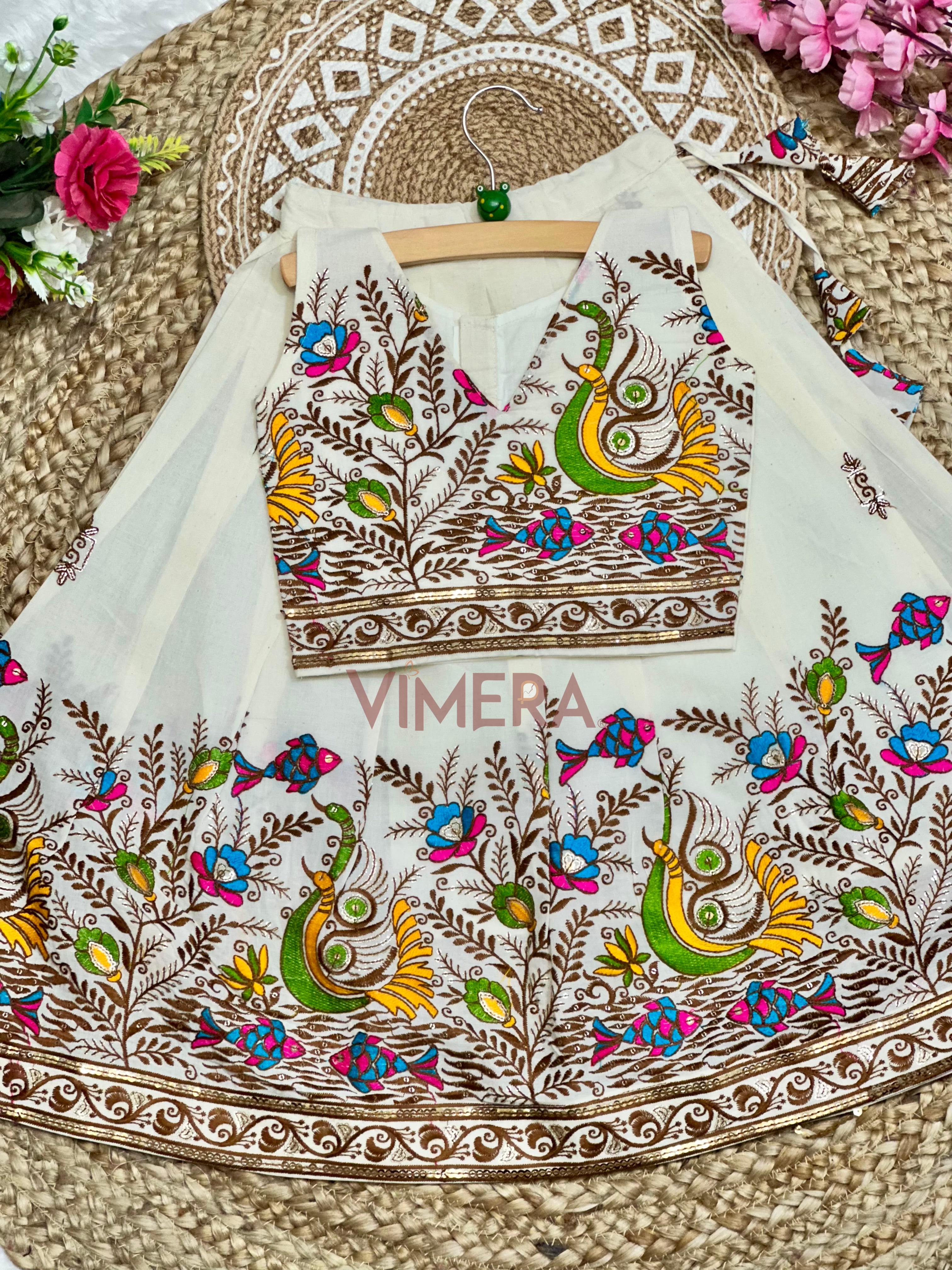 Adorable Premium Cotton Fish Embroidered Kids Lahenga and Top