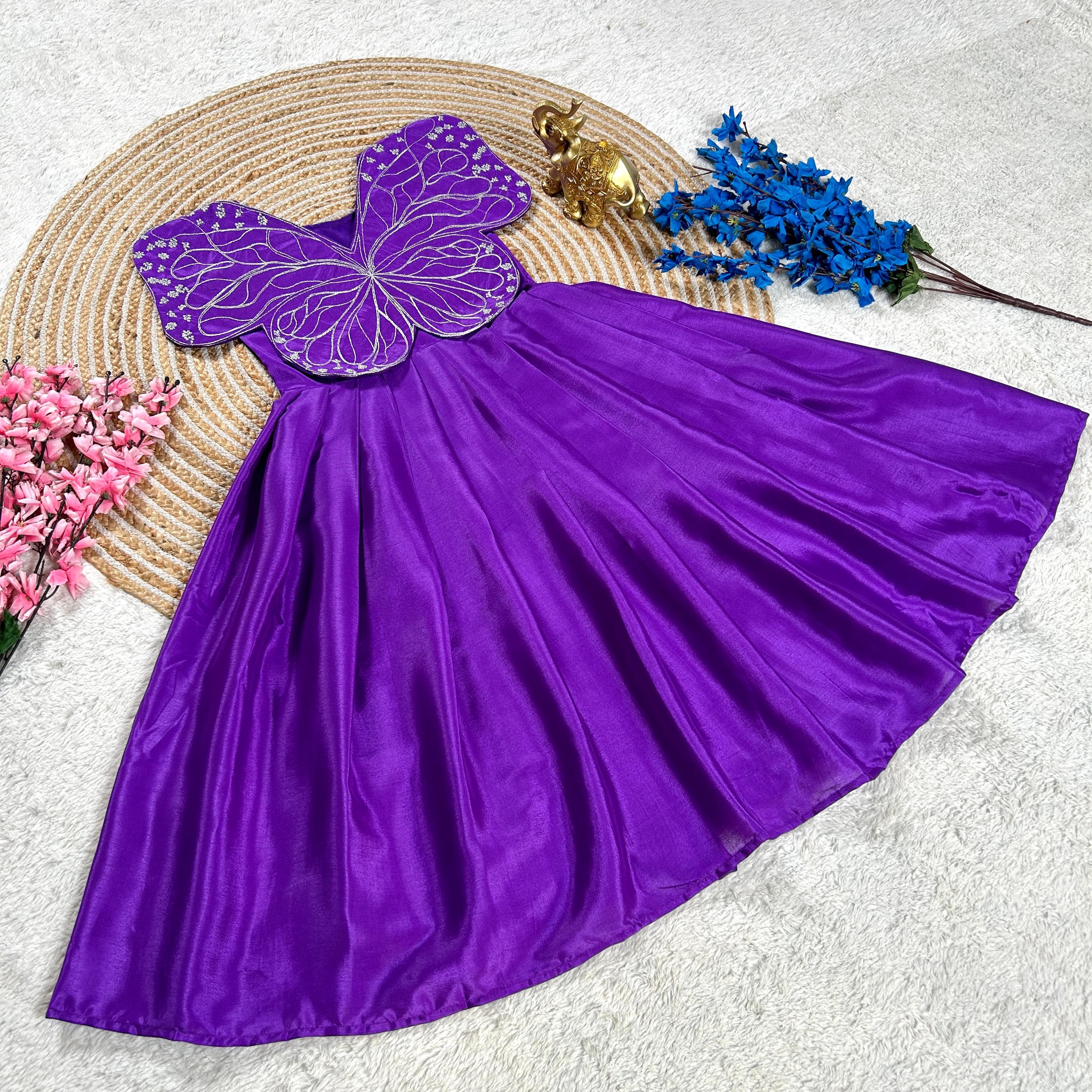 Premium Butterfly Embroidery Work Silk Kids Gown in 9 Beautiful colors