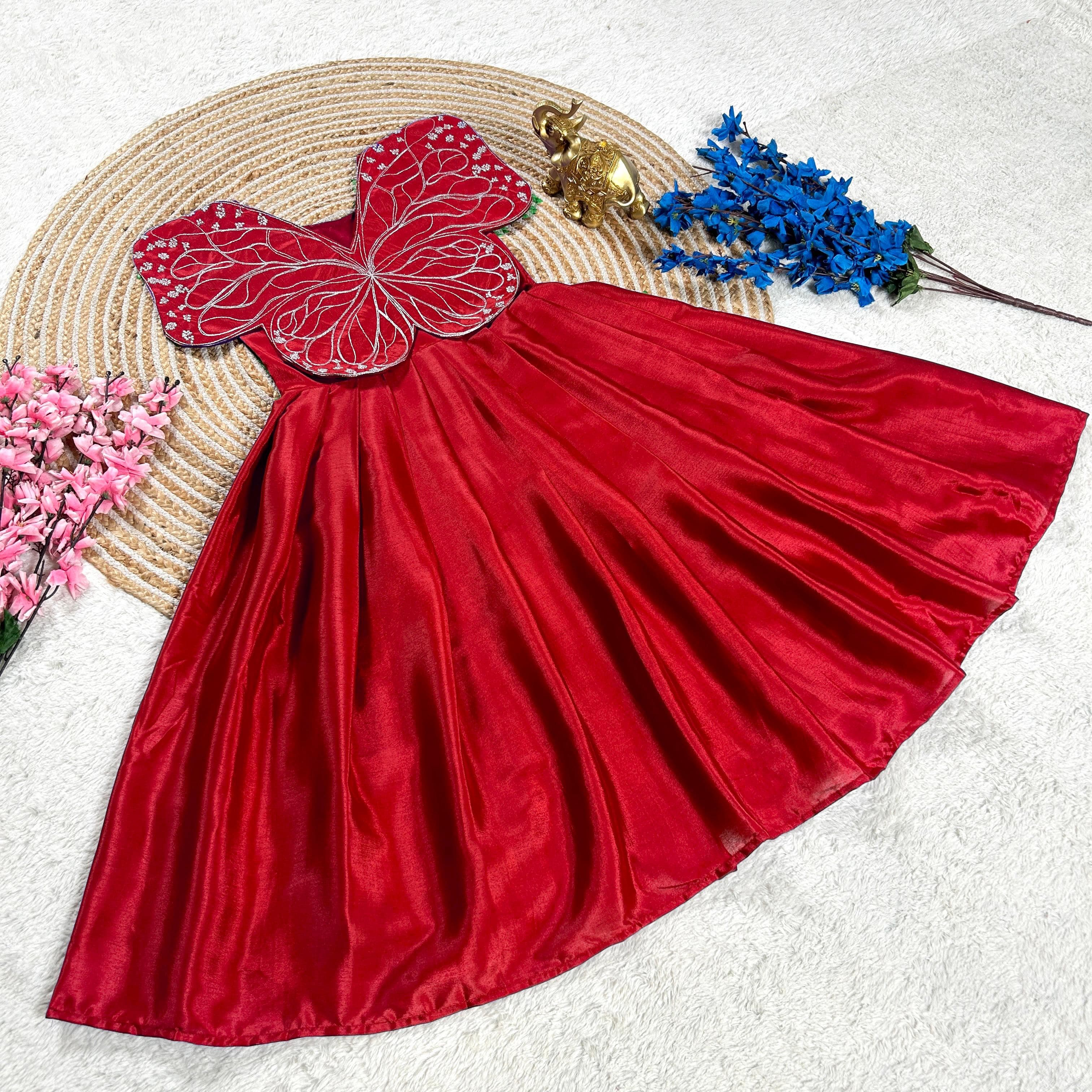 Premium Butterfly Embroidery Work Silk Kids Gown in 9 Beautiful colors