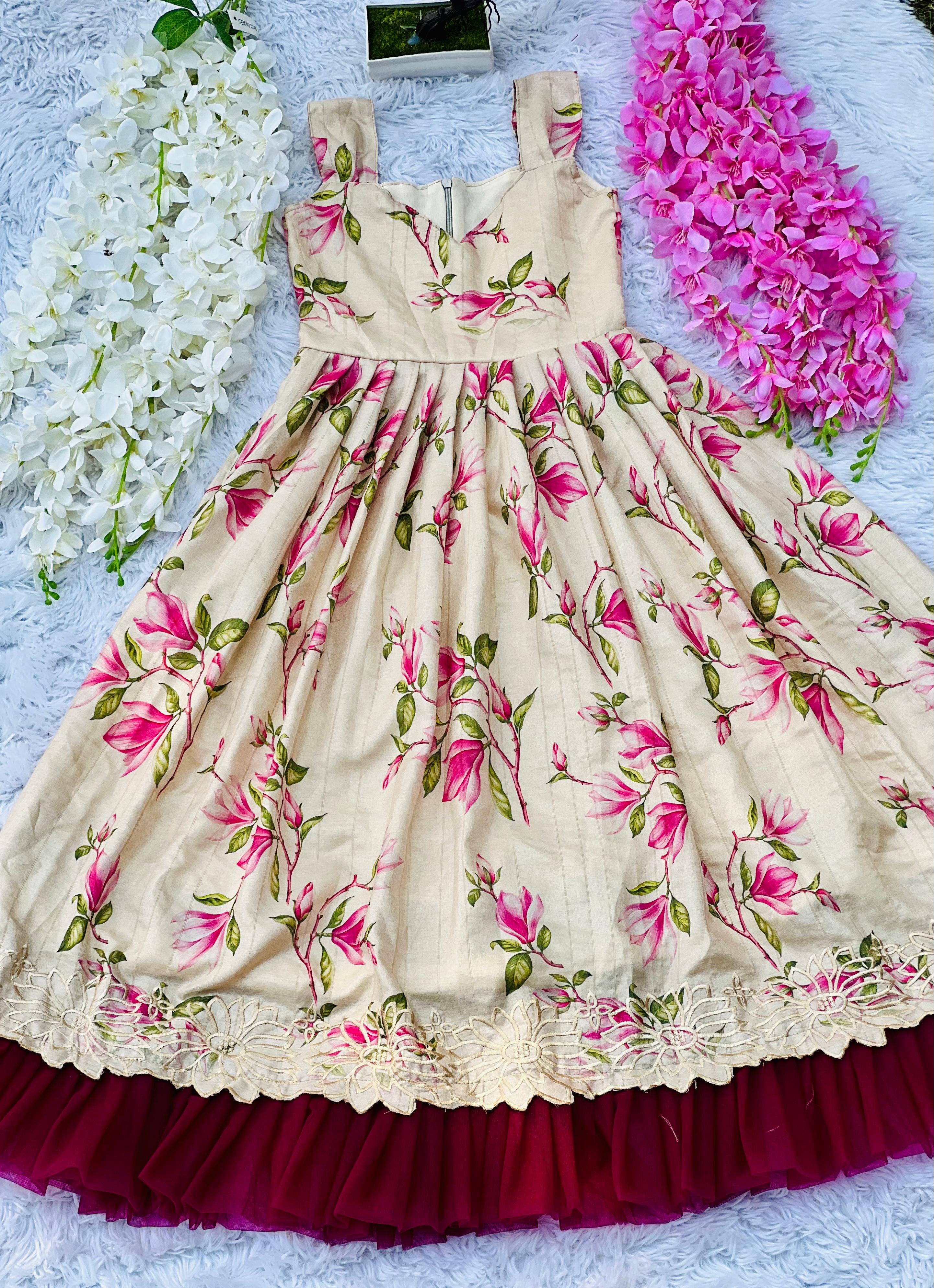 Hot Flower Print Pure Tussar Silk Kids Gown