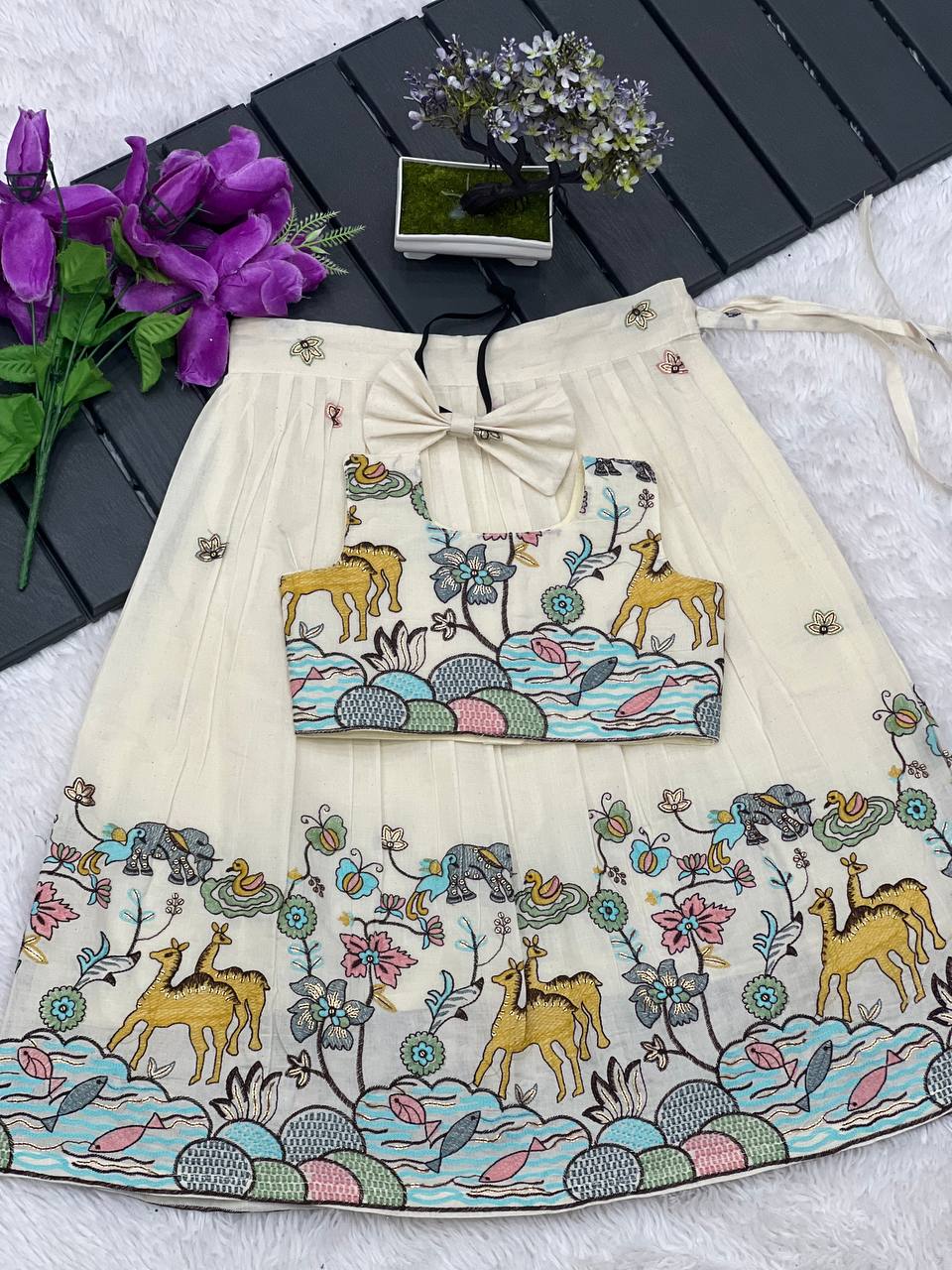 Glamorous Pure Cotton Hiran Embroidered Kids Lahenga and Top