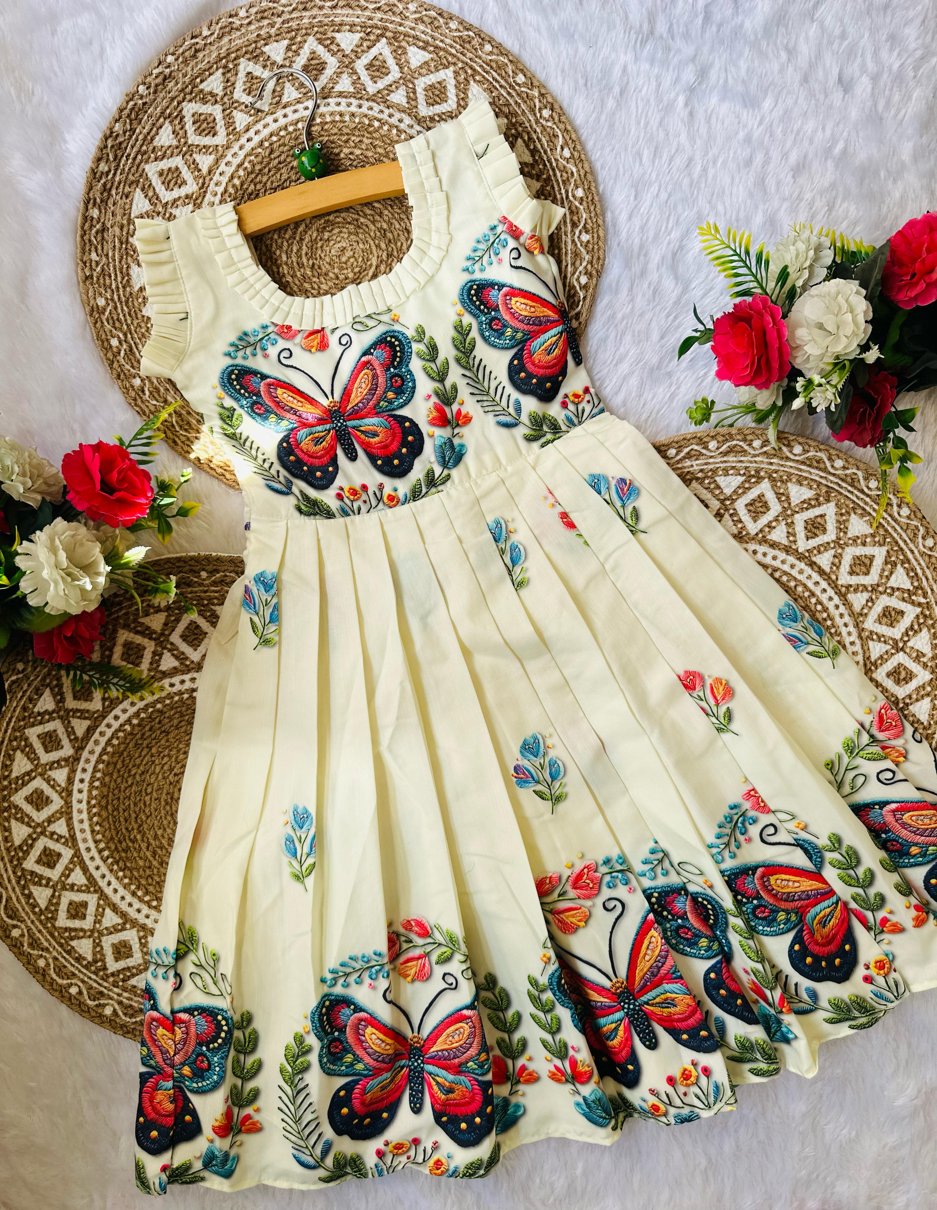 Pure Cotton Silk Heavy 3D Digital Work Frock For Kids