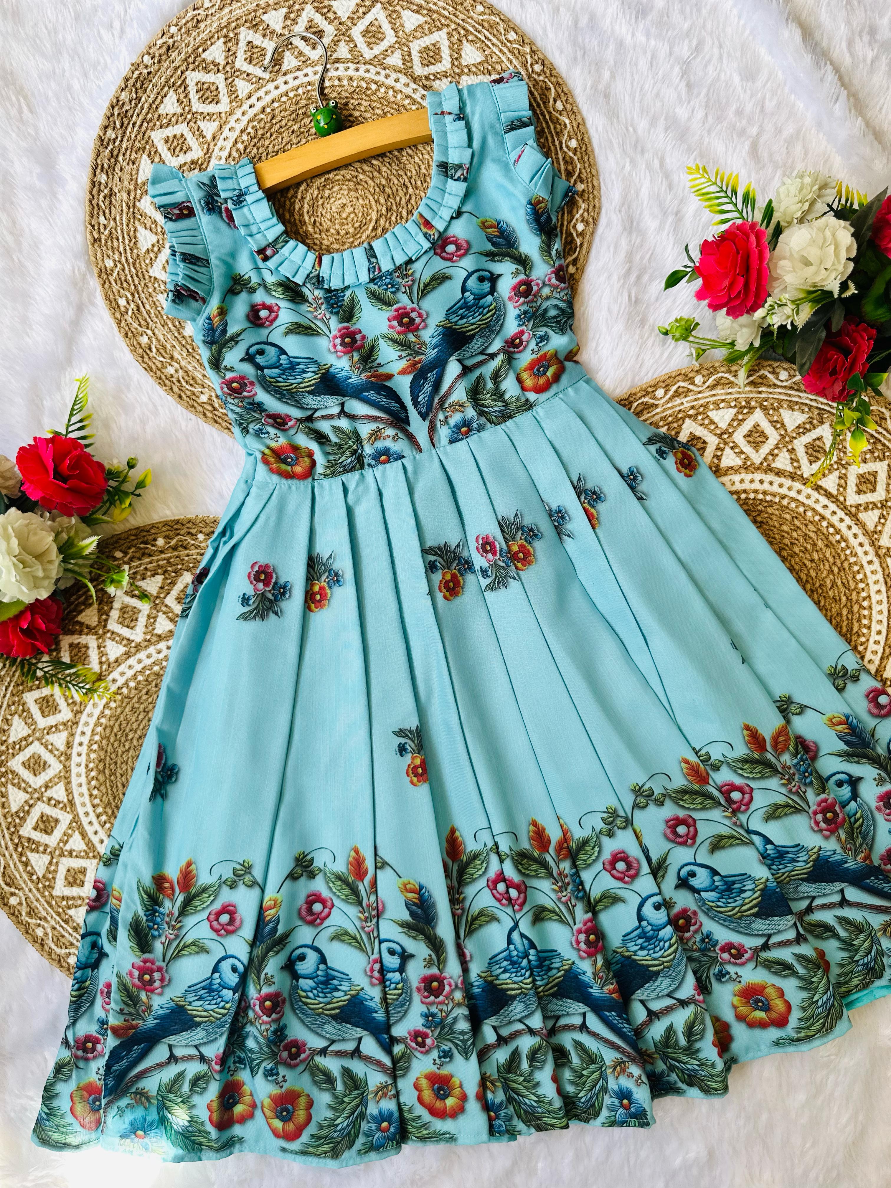 Pure Cotton Silk Heavy 3D Digital Work Frock For Kids