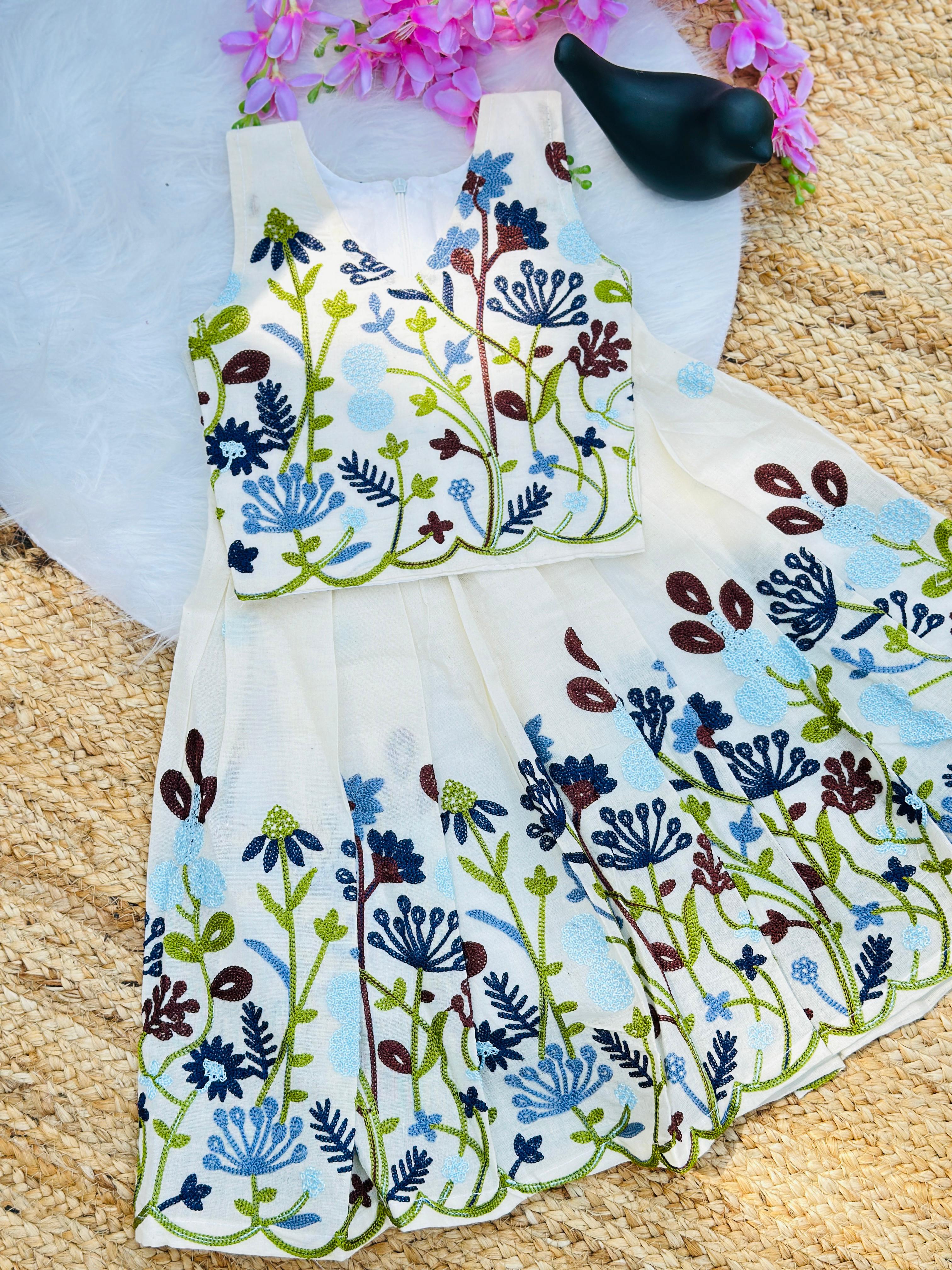 Glamorous Pure Cotton Floral Embroidery Work Lahengha With Top For Kids