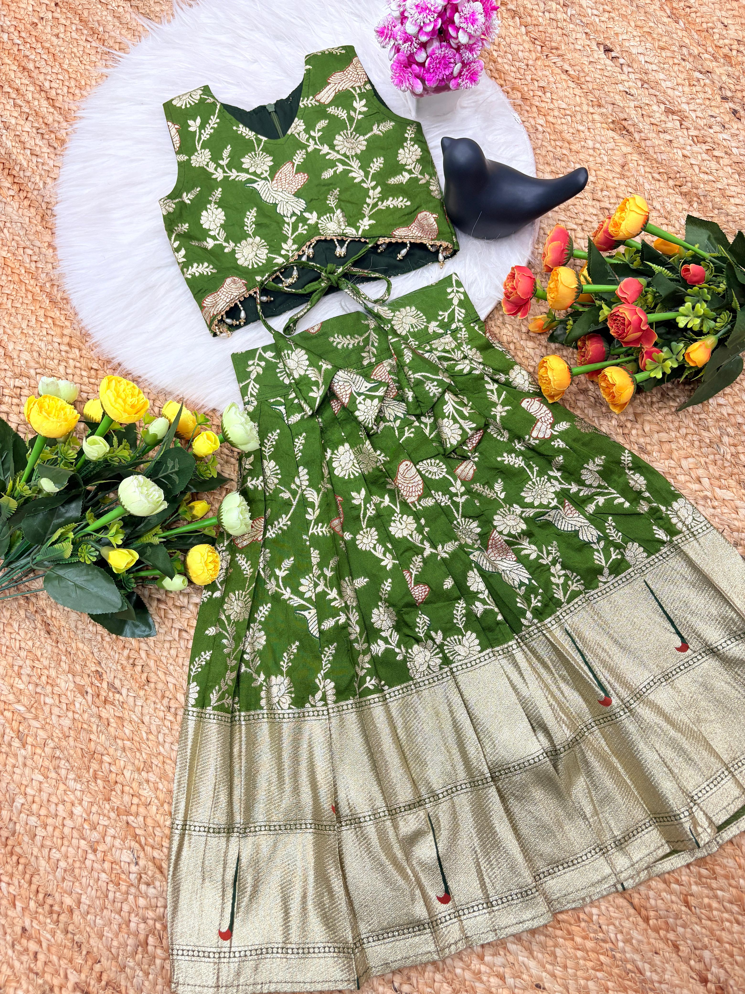 Sparrow Pure Dola silk with Zari work Kids Lahenga Choli