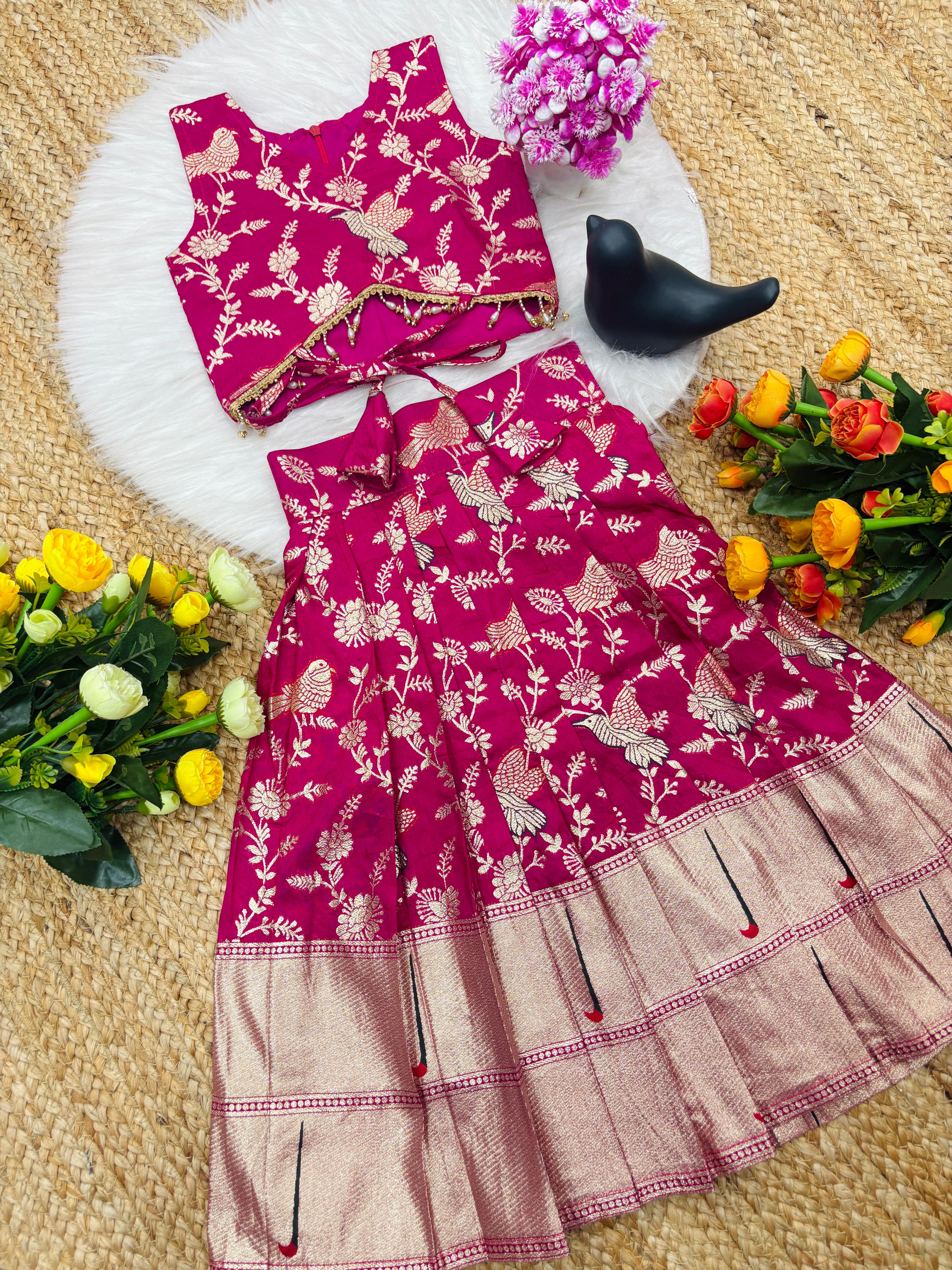 Sparrow Pure Dola silk with Zari work Kids Lahenga Choli