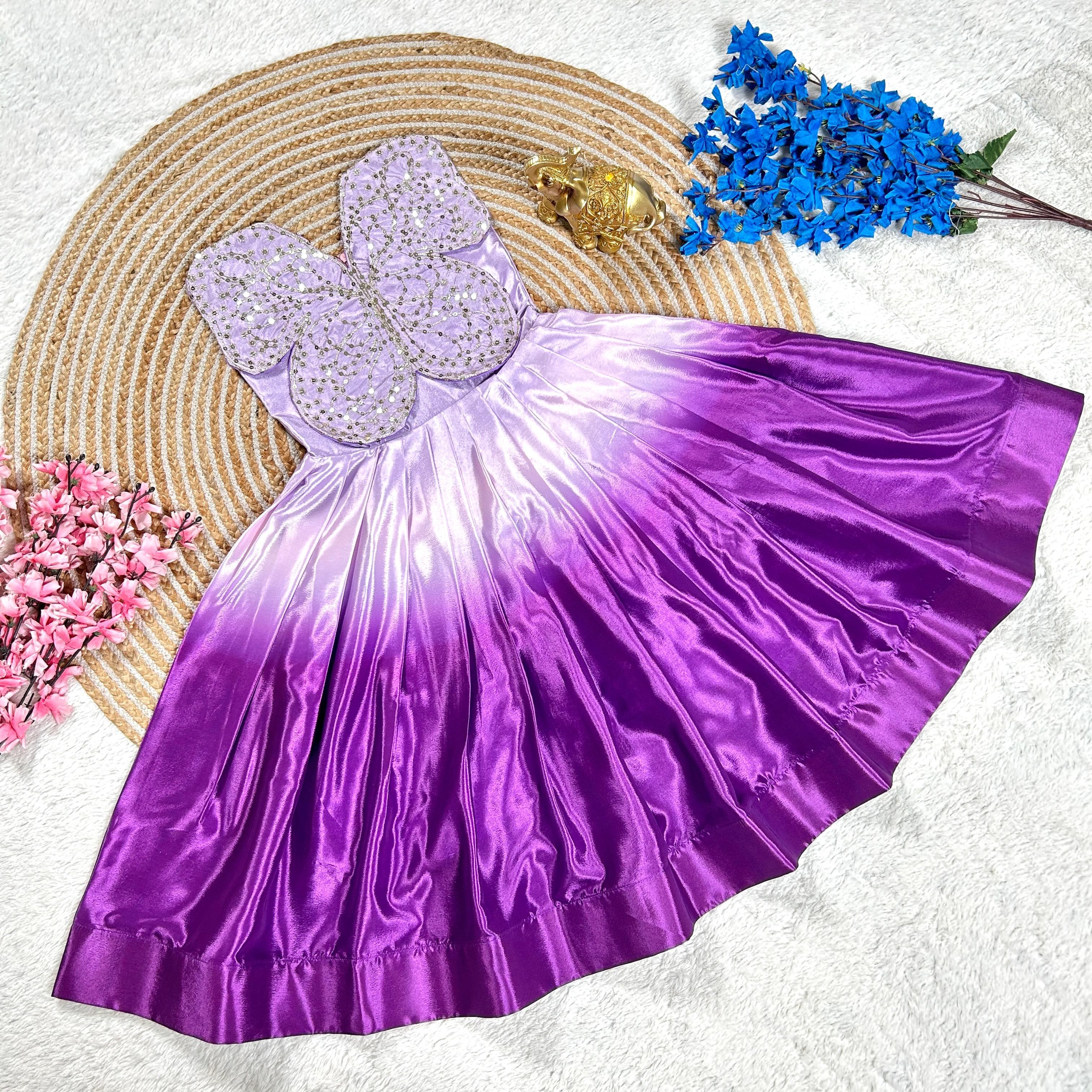 New Designer Butterfly Embroidery Work Silk Dual Shaded Gown For Kids