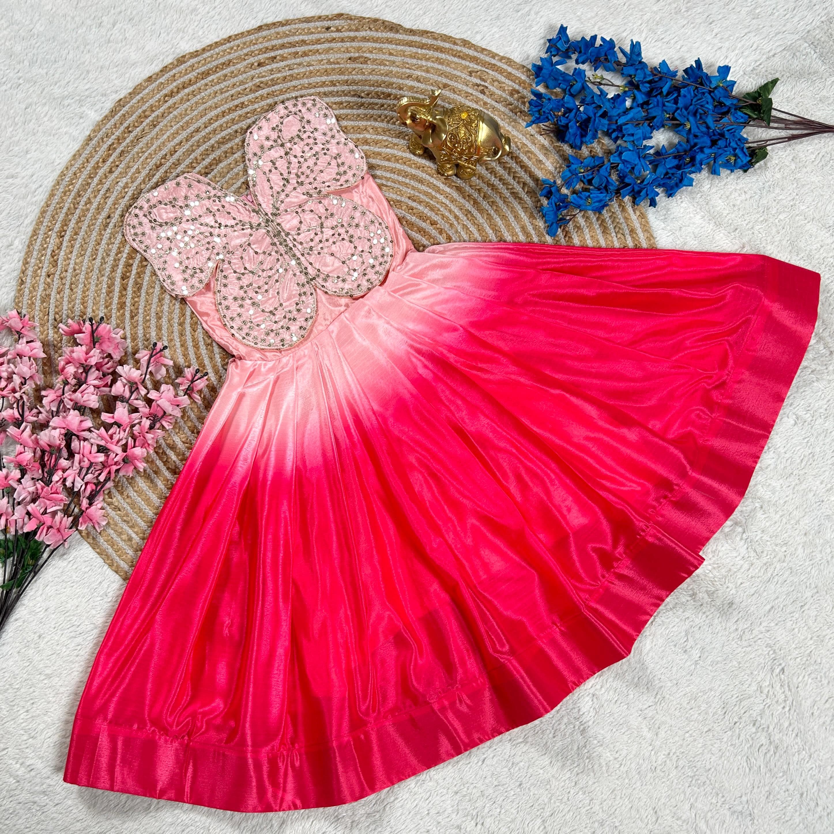 New Designer Butterfly Embroidery Work Silk Dual Shaded Gown For Kids