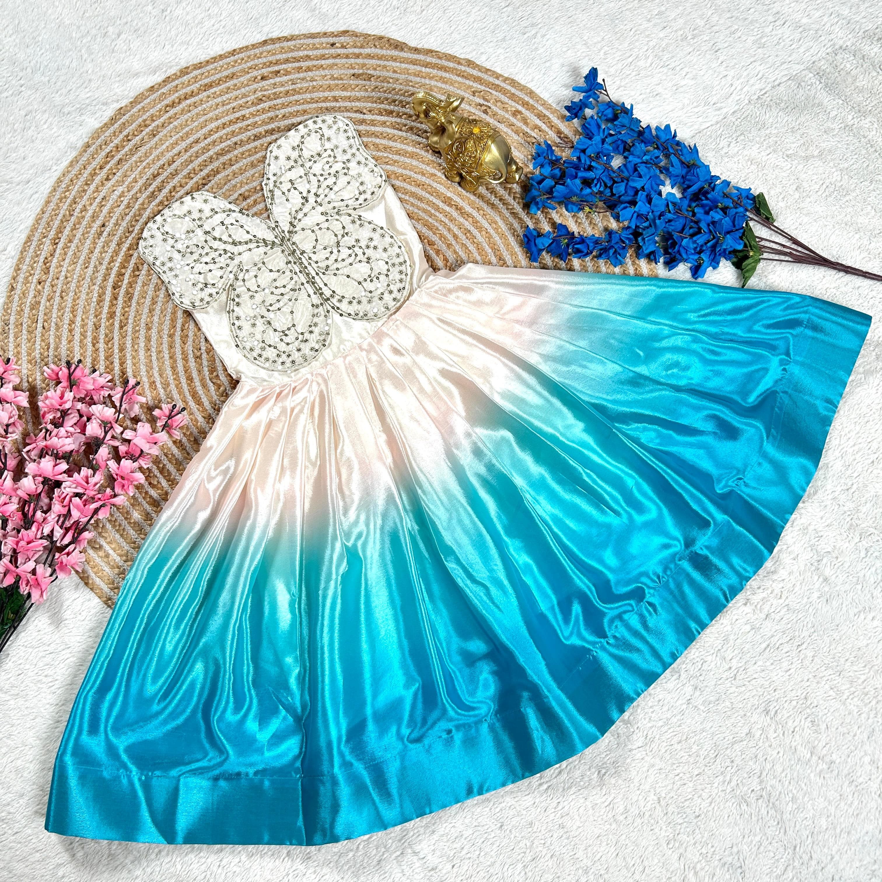 New Designer Butterfly Embroidery Work Silk Dual Shaded Gown For Kids