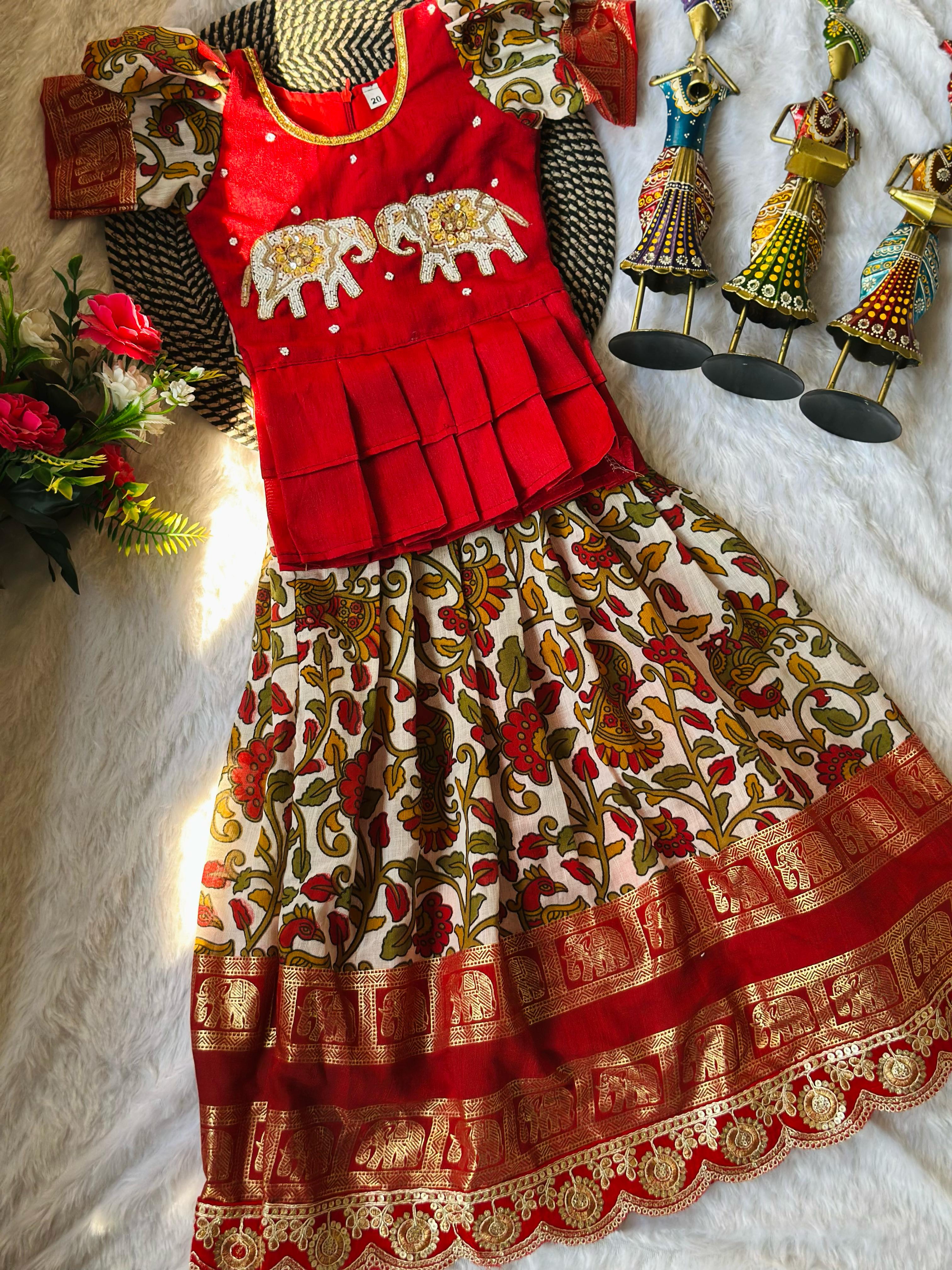 Elephant Hand Work Cotton Kalamkari Lehnga Blouse For Kids