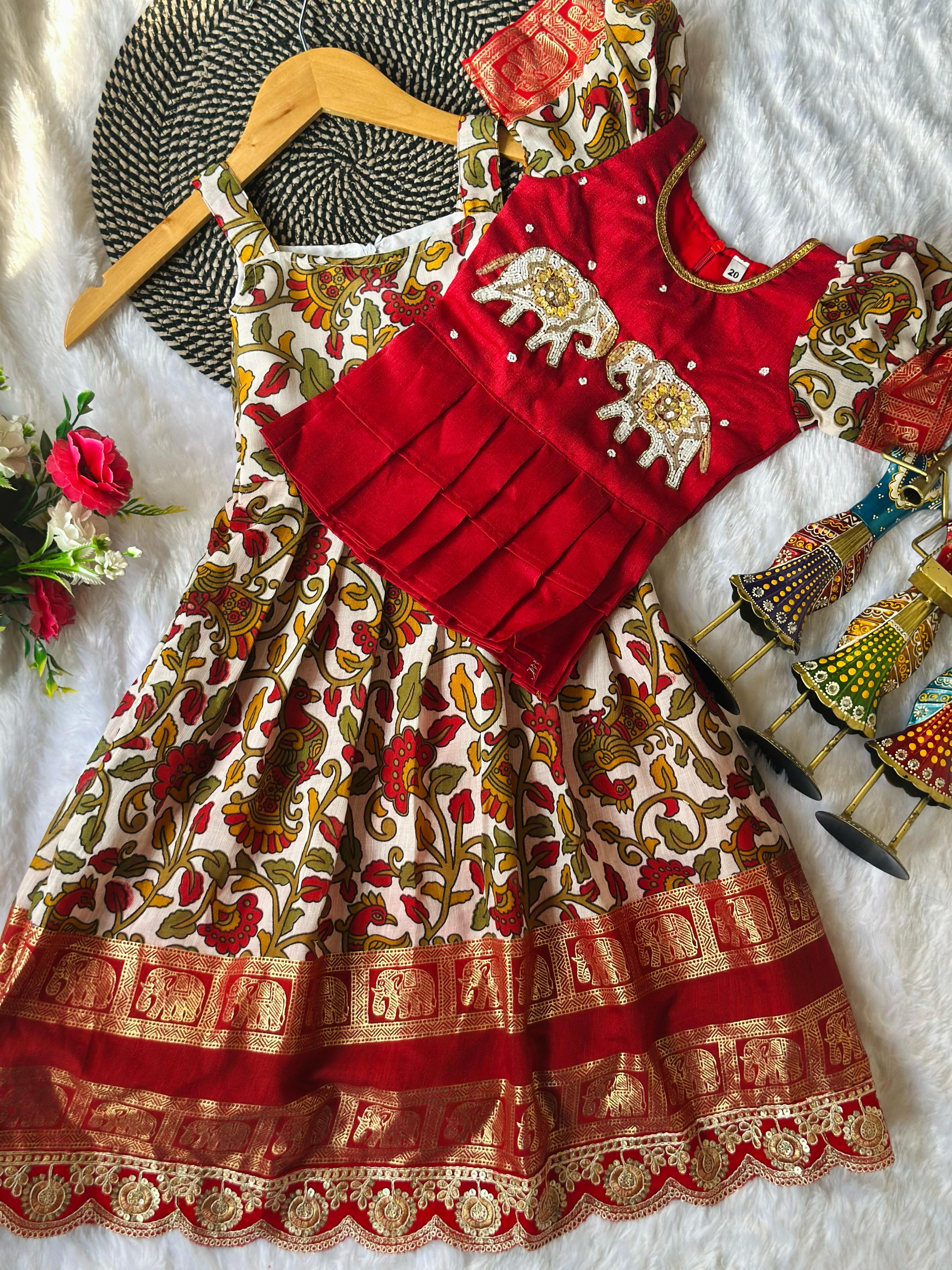 Venetian Elephant Hand Work Cotton Kalamkari Gown For Kids