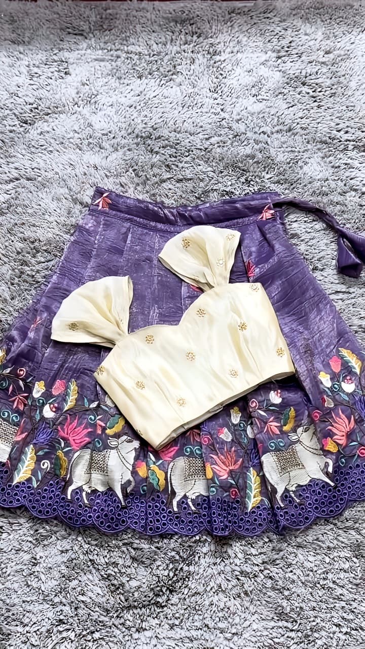 Fuchsic Premium Cotton Cow Embroidered Cut Work Kids Lahenga With Top