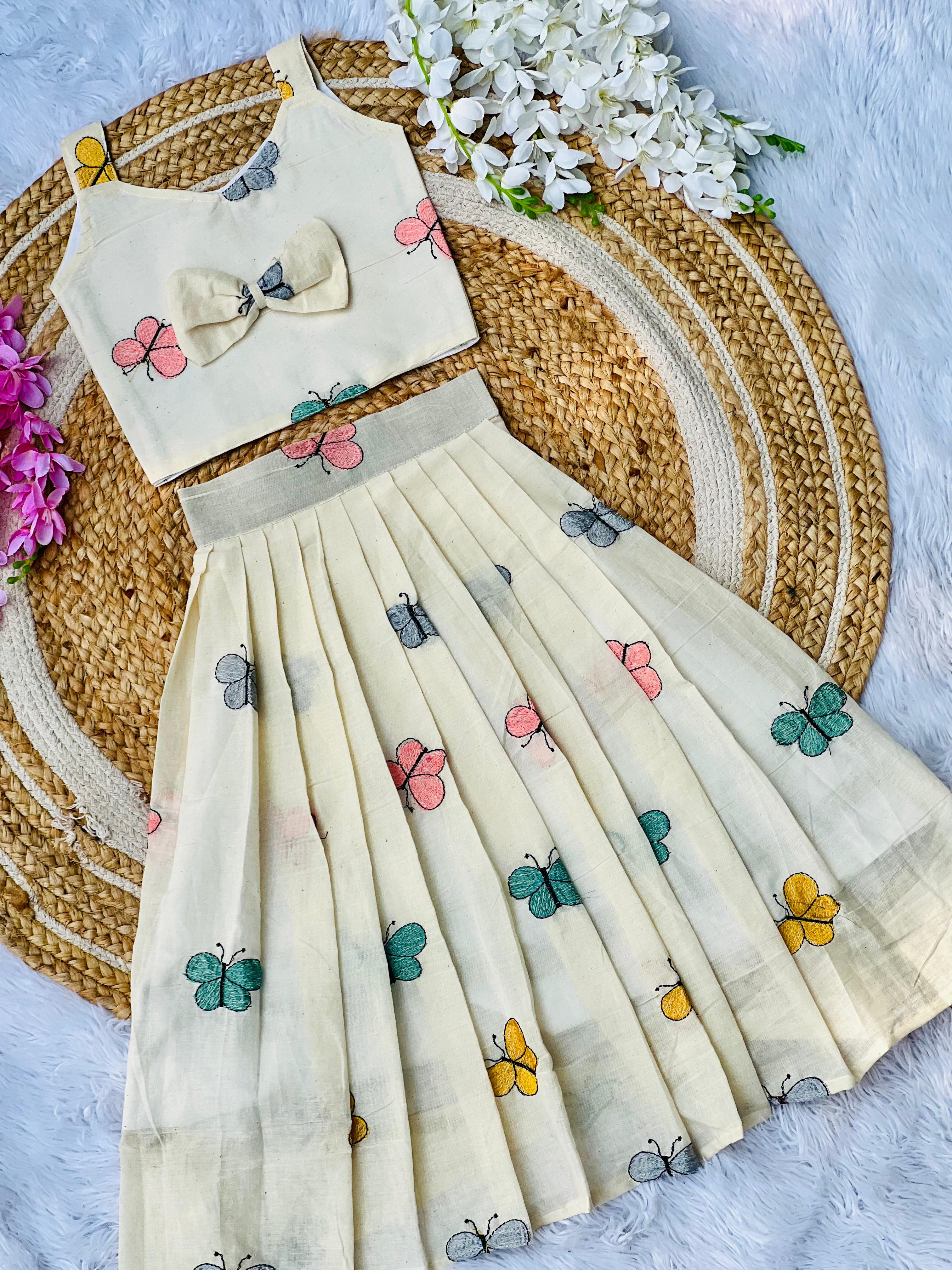 Desirable Butterfly Embroidery Work Cura Cotton Fabric Lahenga Choli