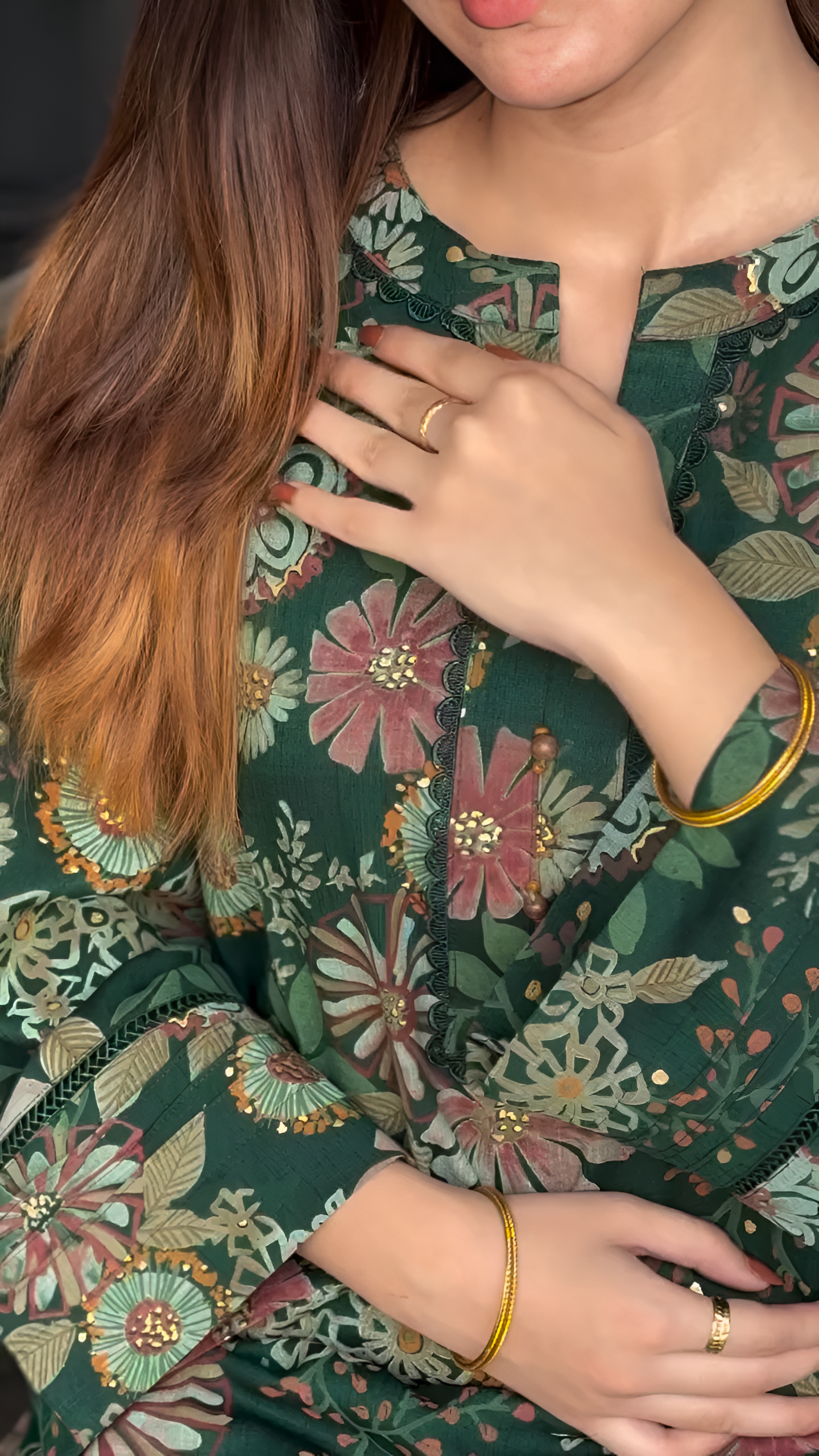 Zuri Cotton Silk Summer Floral Long Green Kurta