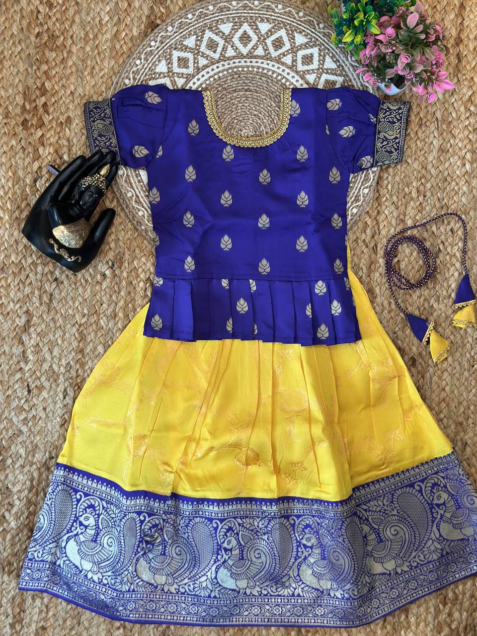 Mithra Trendy Yellow-Blue Banarasi Silk Kids Lahenga-Top