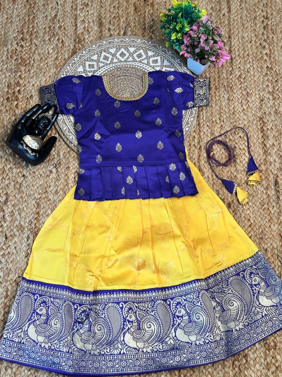 Mithra Trendy Yellow-Blue Banarasi Silk Kids Lahenga-Top