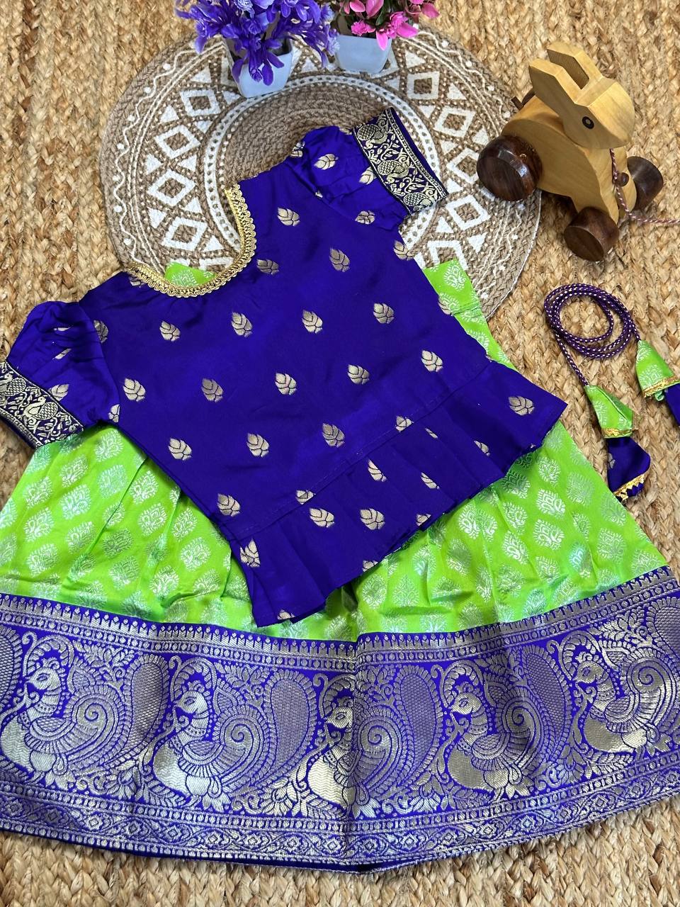 Priya Epitome Blue-Parrot Art Silk Kids Lahenga-Top