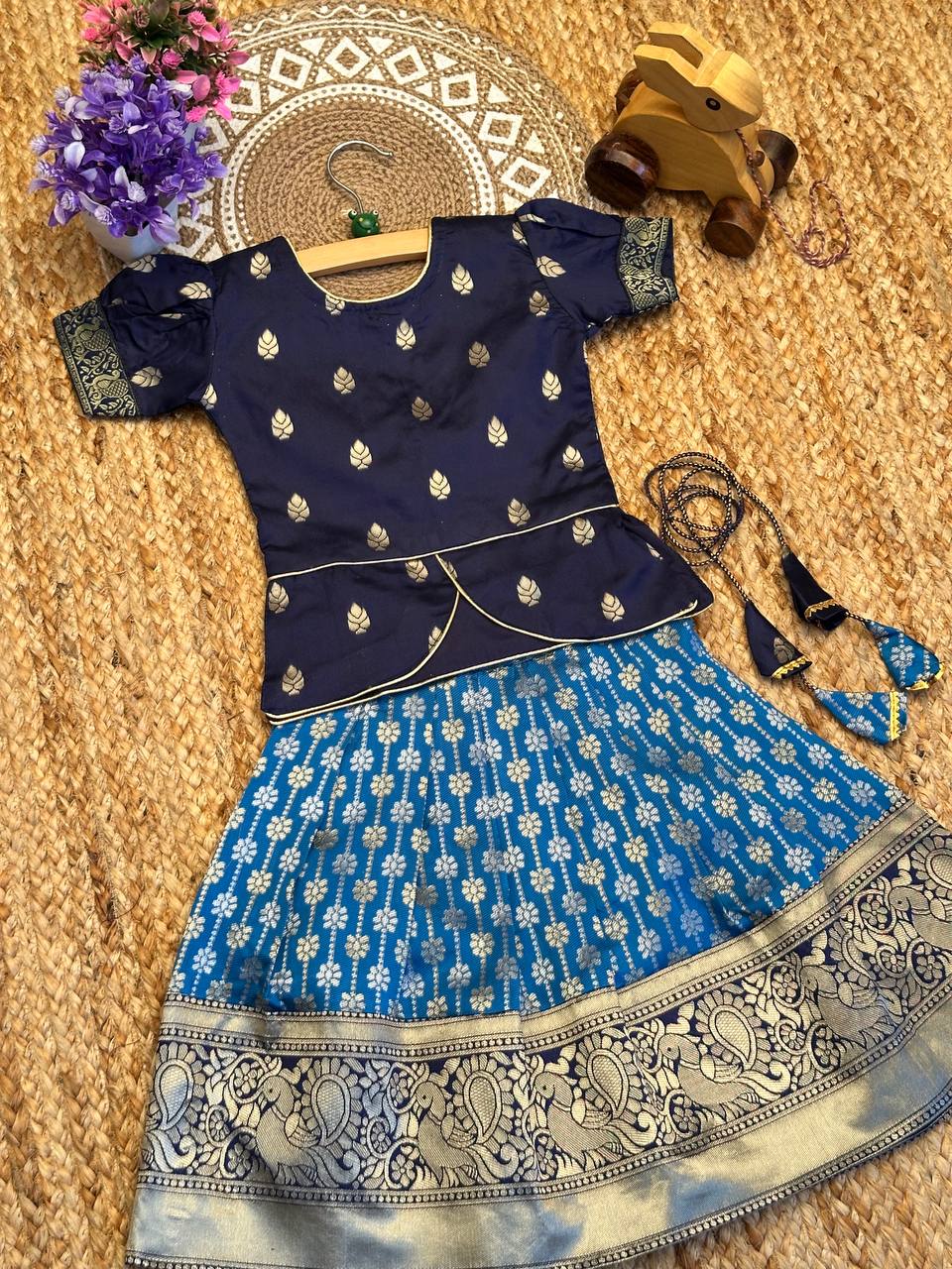 Malar Blooming Kalamkari Silk Kids Lahenga-Top