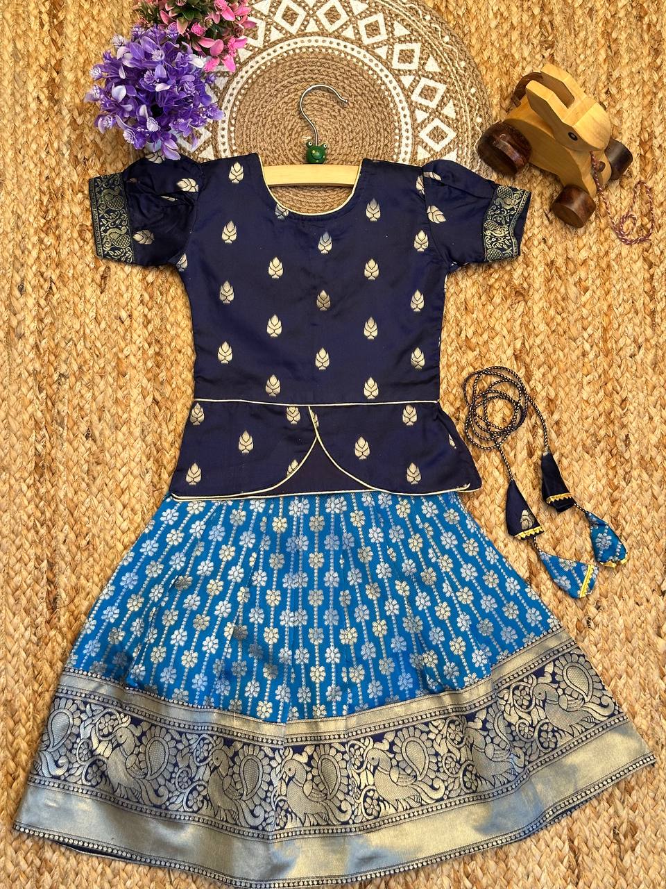 Malar Blooming Kalamkari Silk Kids Lahenga-Top