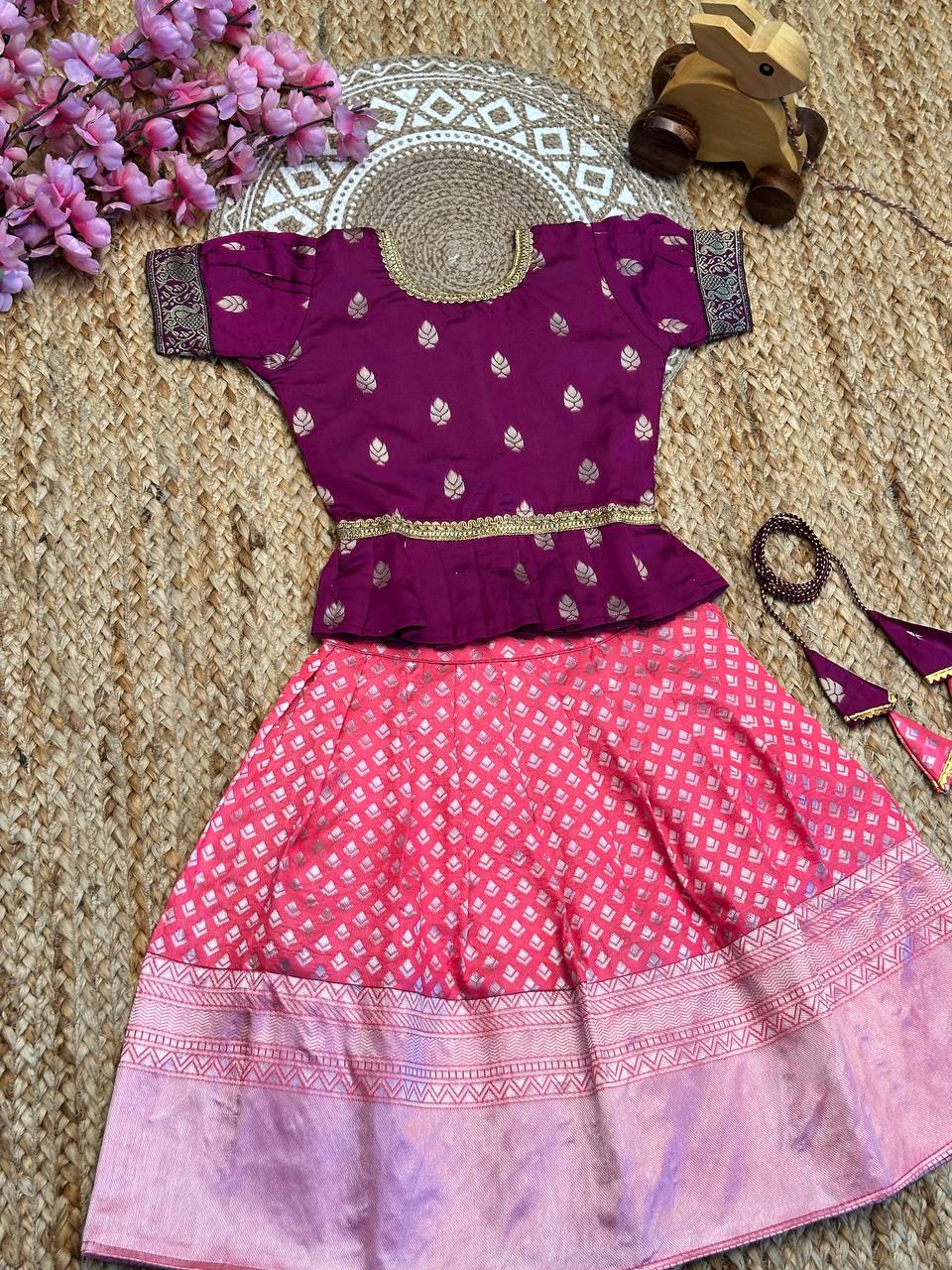 Padma Traditional Banarasi Silk Paavadai Kids Lahenga-Top