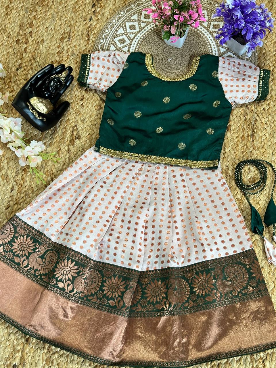 Pavithra Epitome Green Silk Kids Lehenga-Top