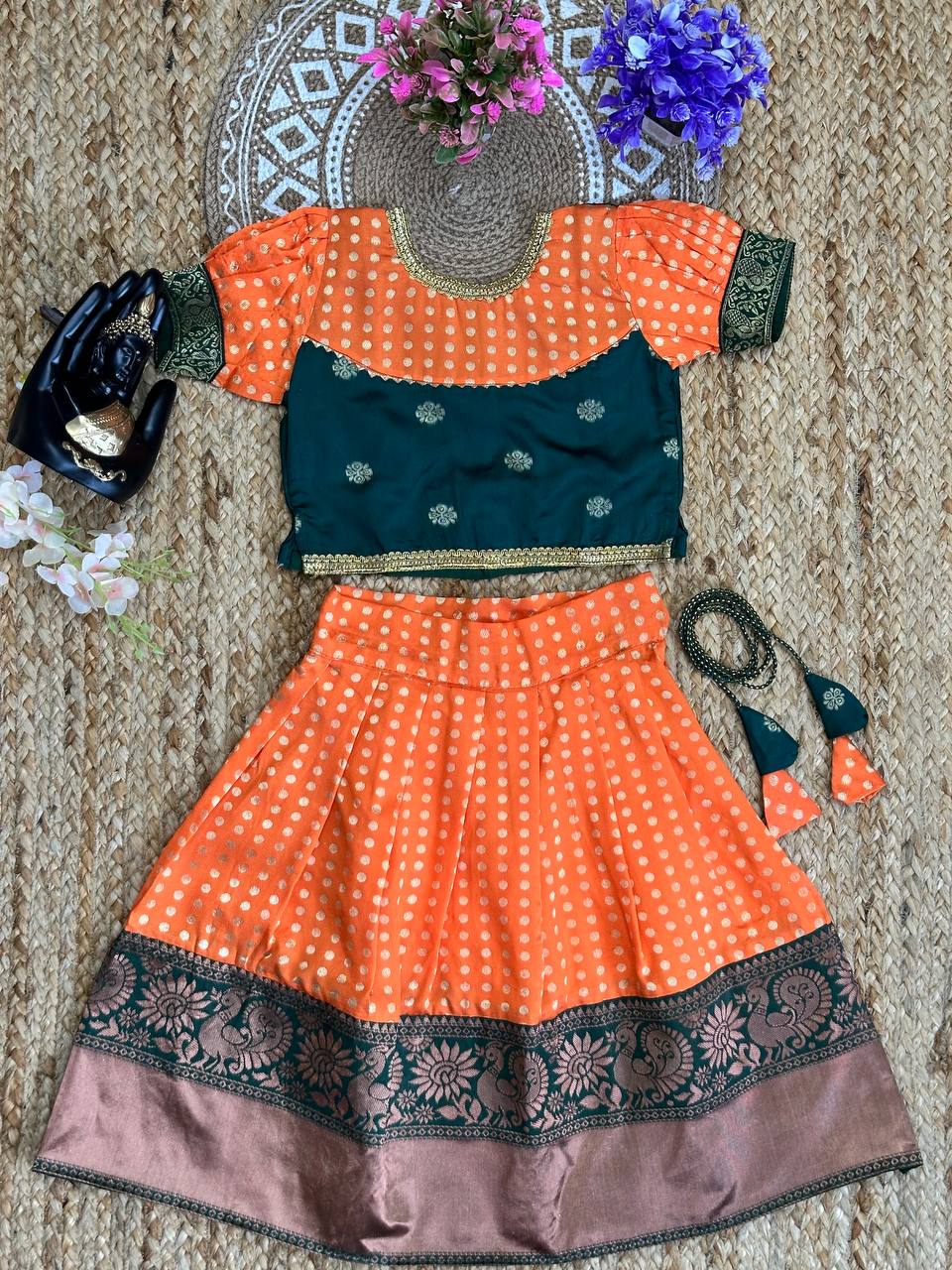 Aadhya Orange Kanjivaram Silk Kids Lehenga-Top