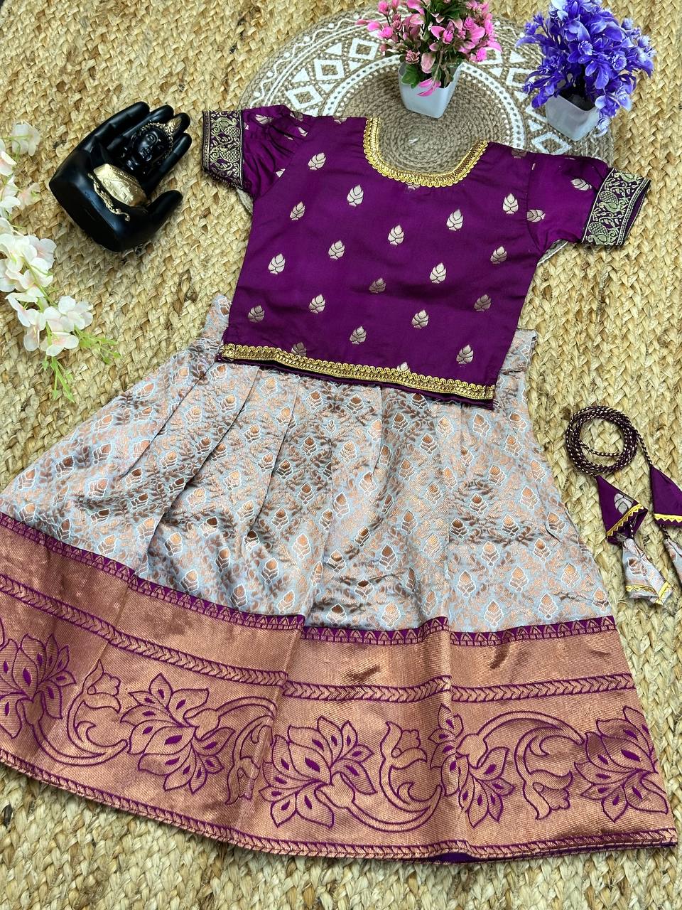 Kavya Shining Beige-Wine Kanjivaram Silk Kids Lehengha-Top