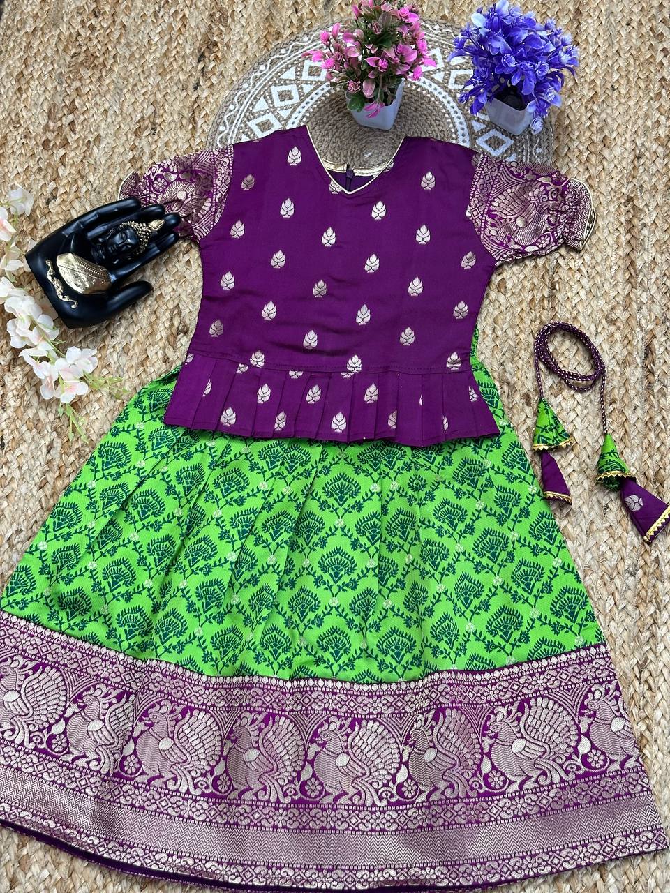 Meenakshi Traditional Purple & Green Silk Kids Lahenga and Top